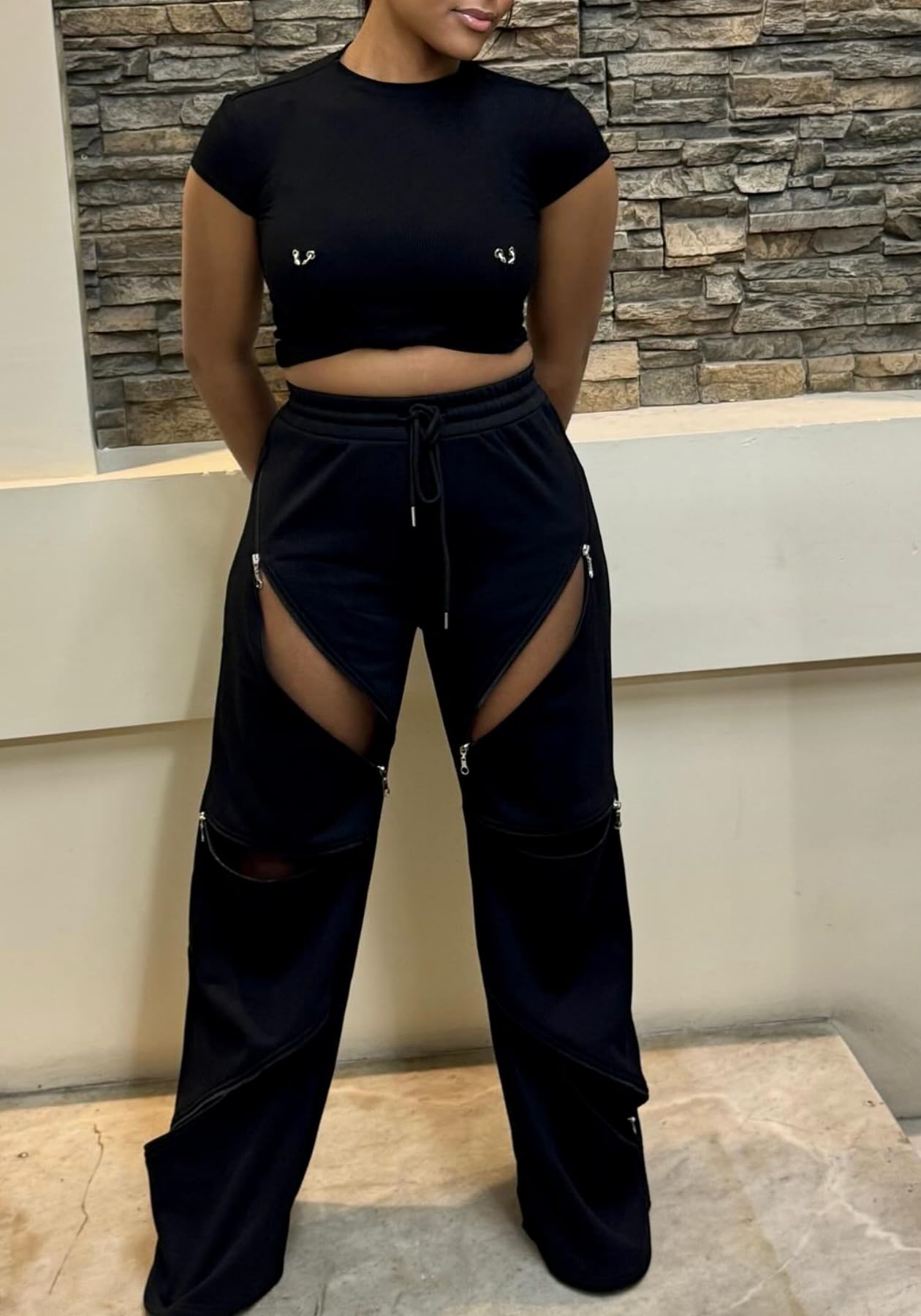 Unybwonn Women High Waist Wide Leg Y2k Sweatpants Baggy Patchwork Multi Zipper Ripped Cutout Joggers Pants Streetwear