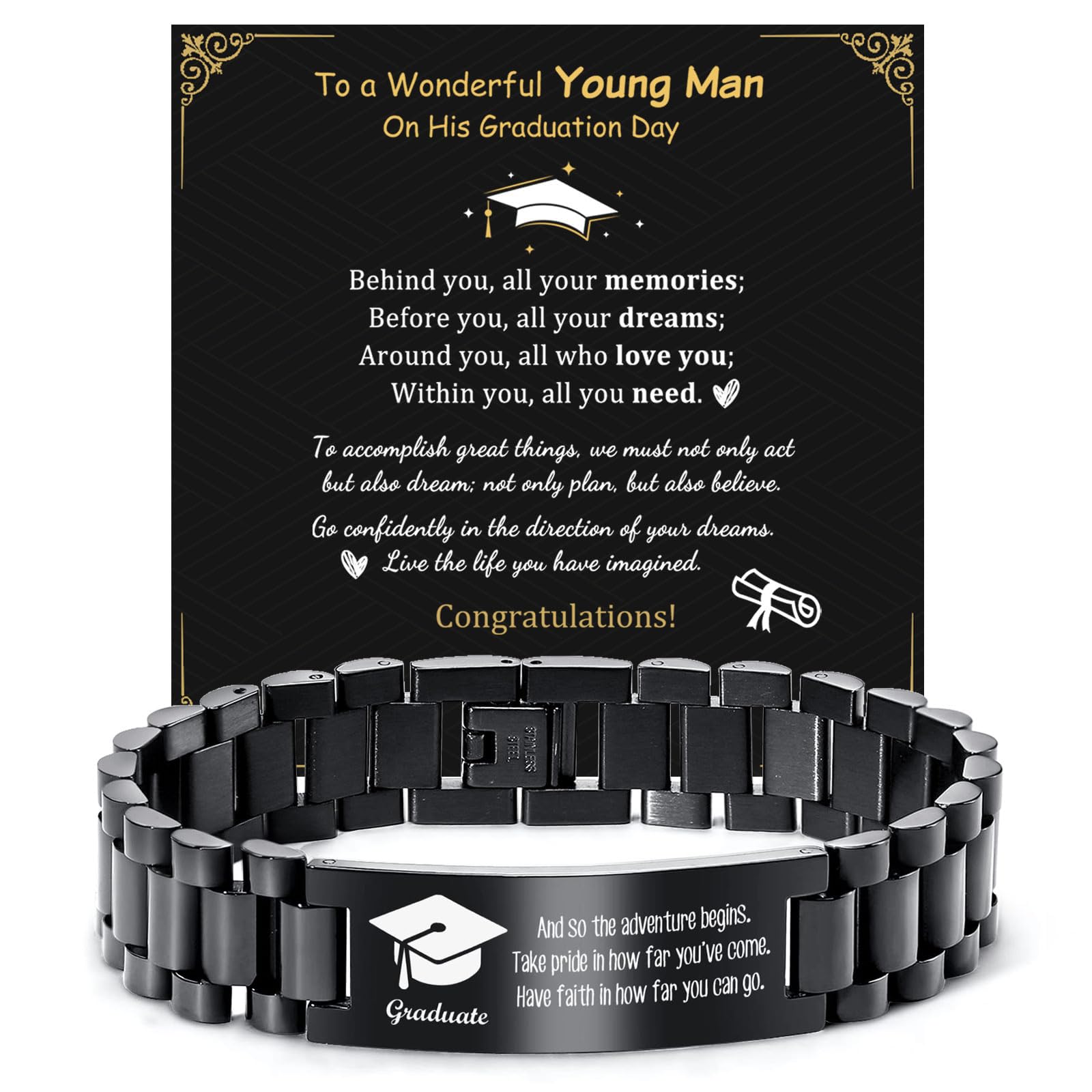 MEALGUET Graduation Gifts for him,Customizable Graduation Bracelet, Inspirational College Graduate Class Of 2026 Gift, Stainless Steel Handsome Link Bracelets for College Graduates
