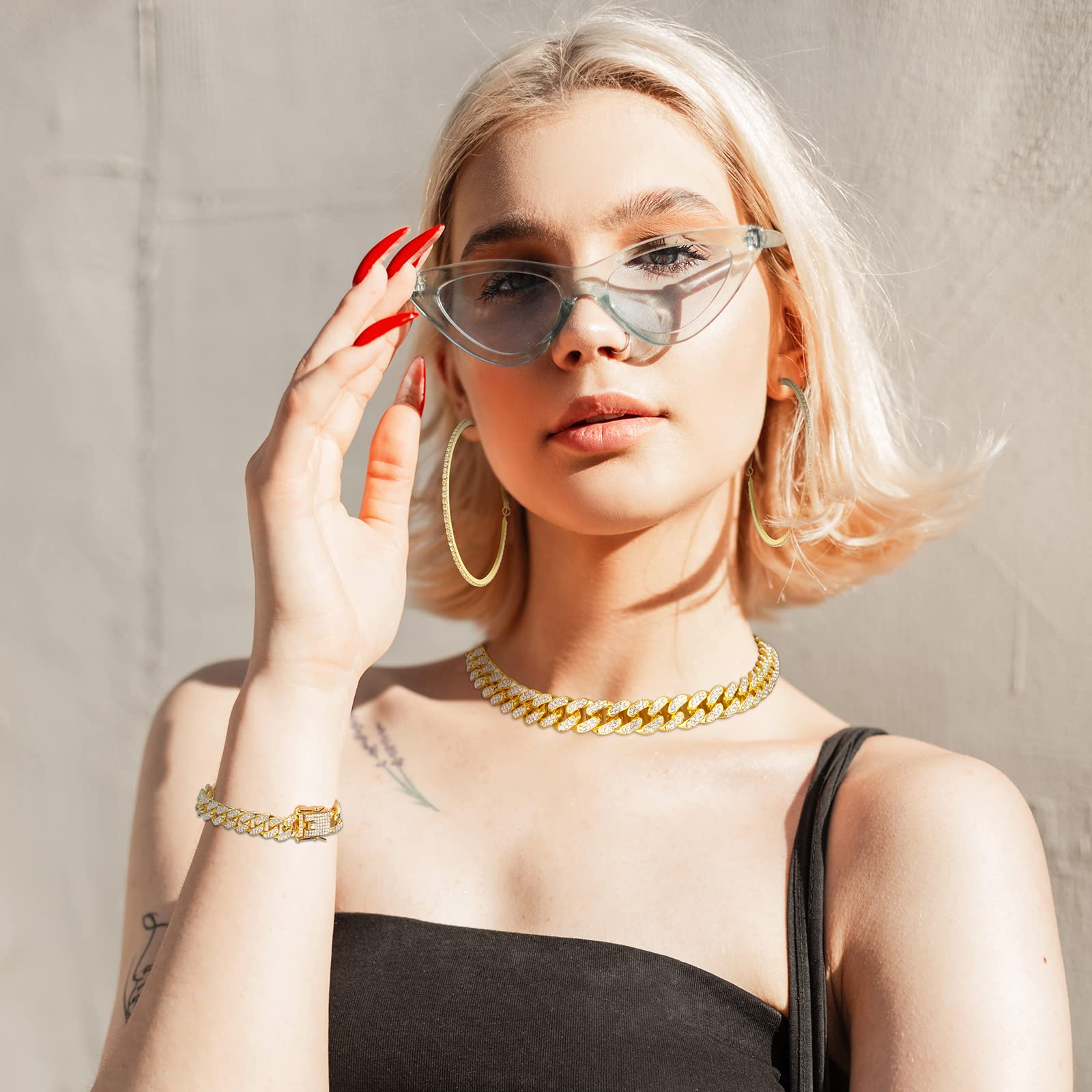 Batiyeer 3 Pcs Cuban Link Chain Necklace Bracelet Rhinestone Hoop Earrings Bling Crystal Hip Hop Jewelry for Women