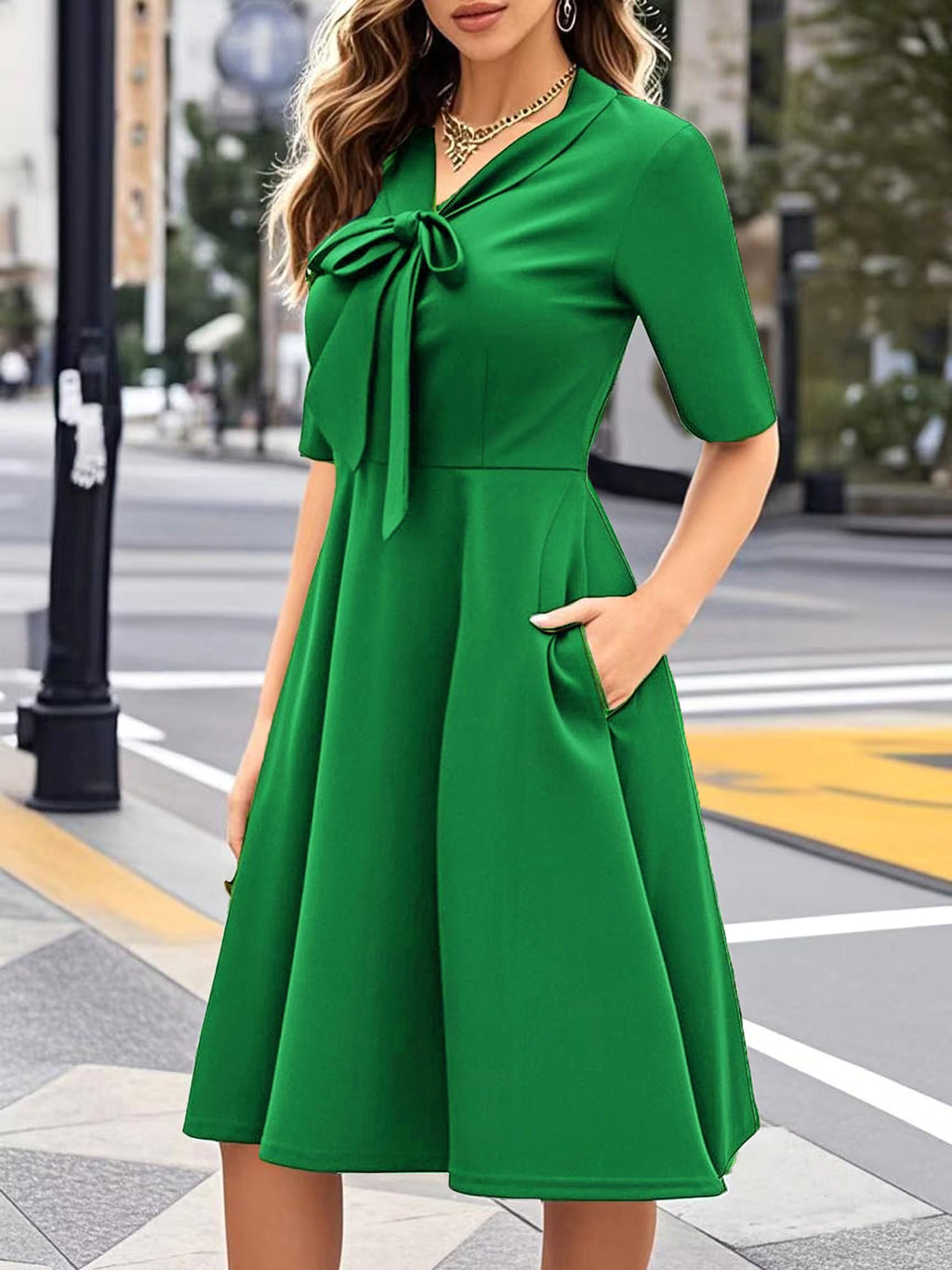 oxiuly Women's Vintage Bow Tie V-Neck Pockets Casual Work Party Cocktail Swing A-line Dresses OX278