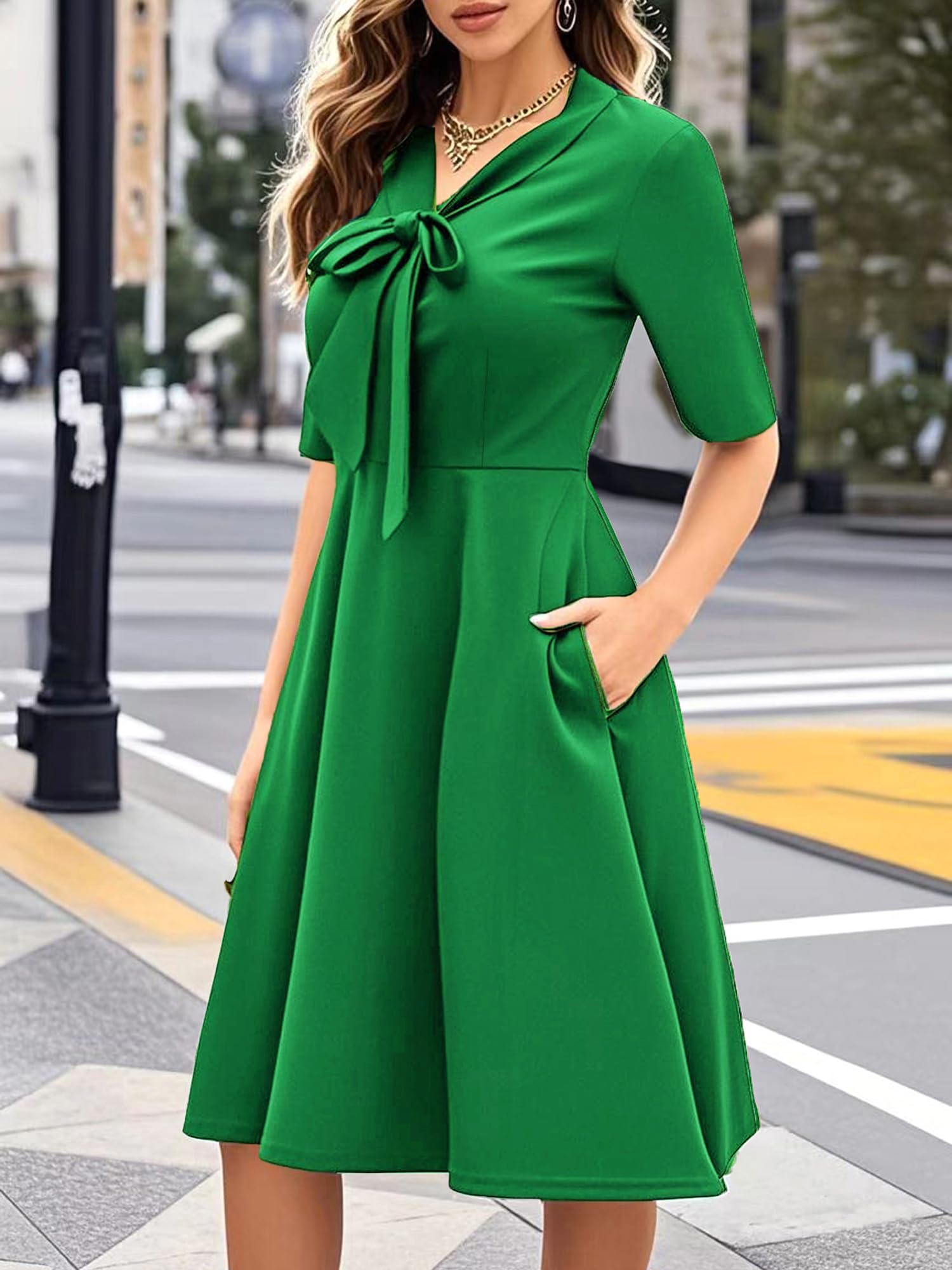 oxiuly Women's Vintage Bow Tie V-Neck Pockets Casual Work Party Cocktail Swing A-line Dresses OX278