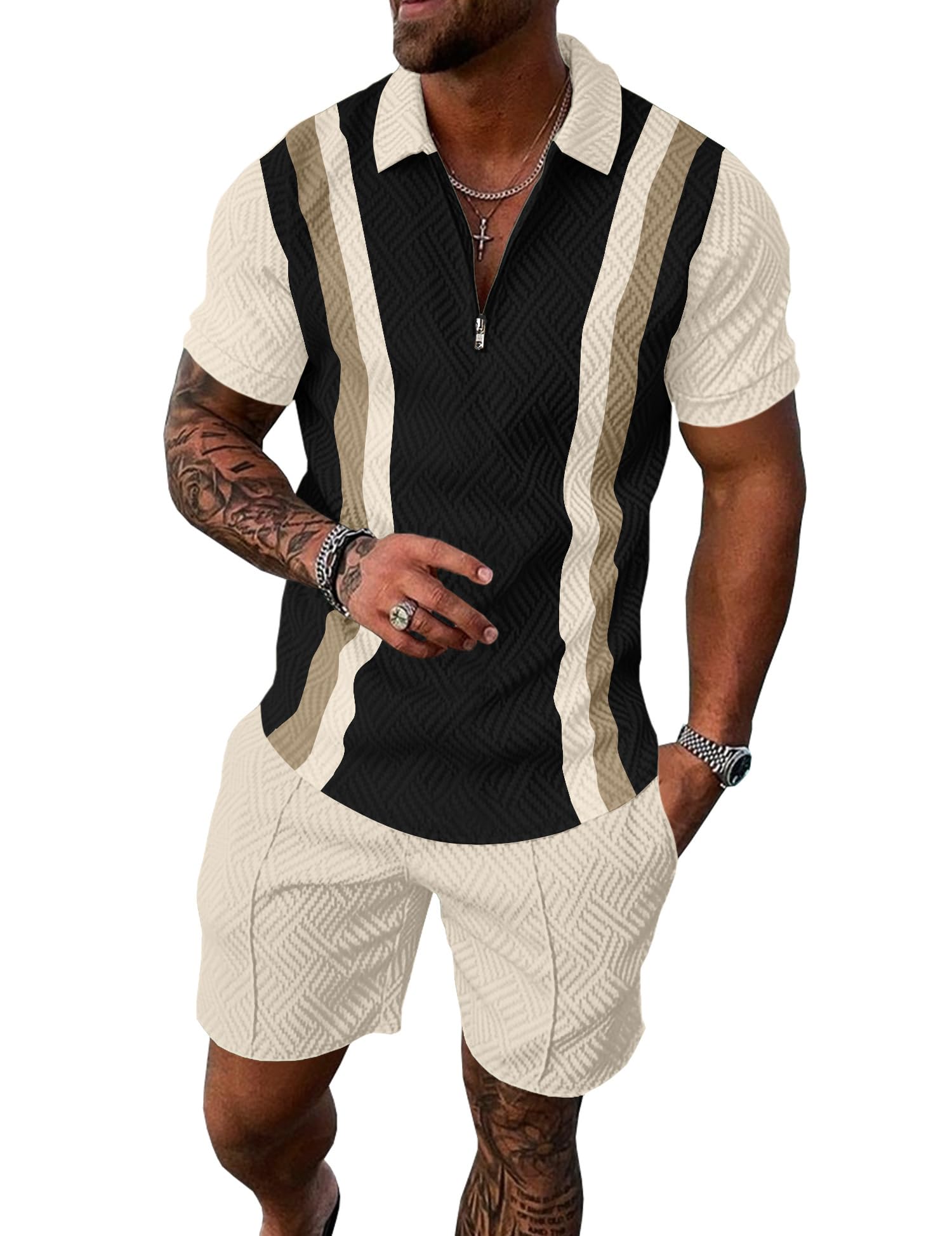 UOUA Mens Summer Track Suits 2 Piece Shorts Sets Short Sleeve Sweatsuit Outfits 1/4 Zip Golf Polo Splicing Striped Shirts