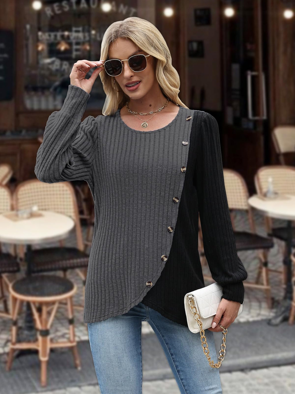 MixShe Womens Knit Sweaters 2026 Fall Winter Casual Long Sleeve Ribbed Colorblock Button Pullover Tops