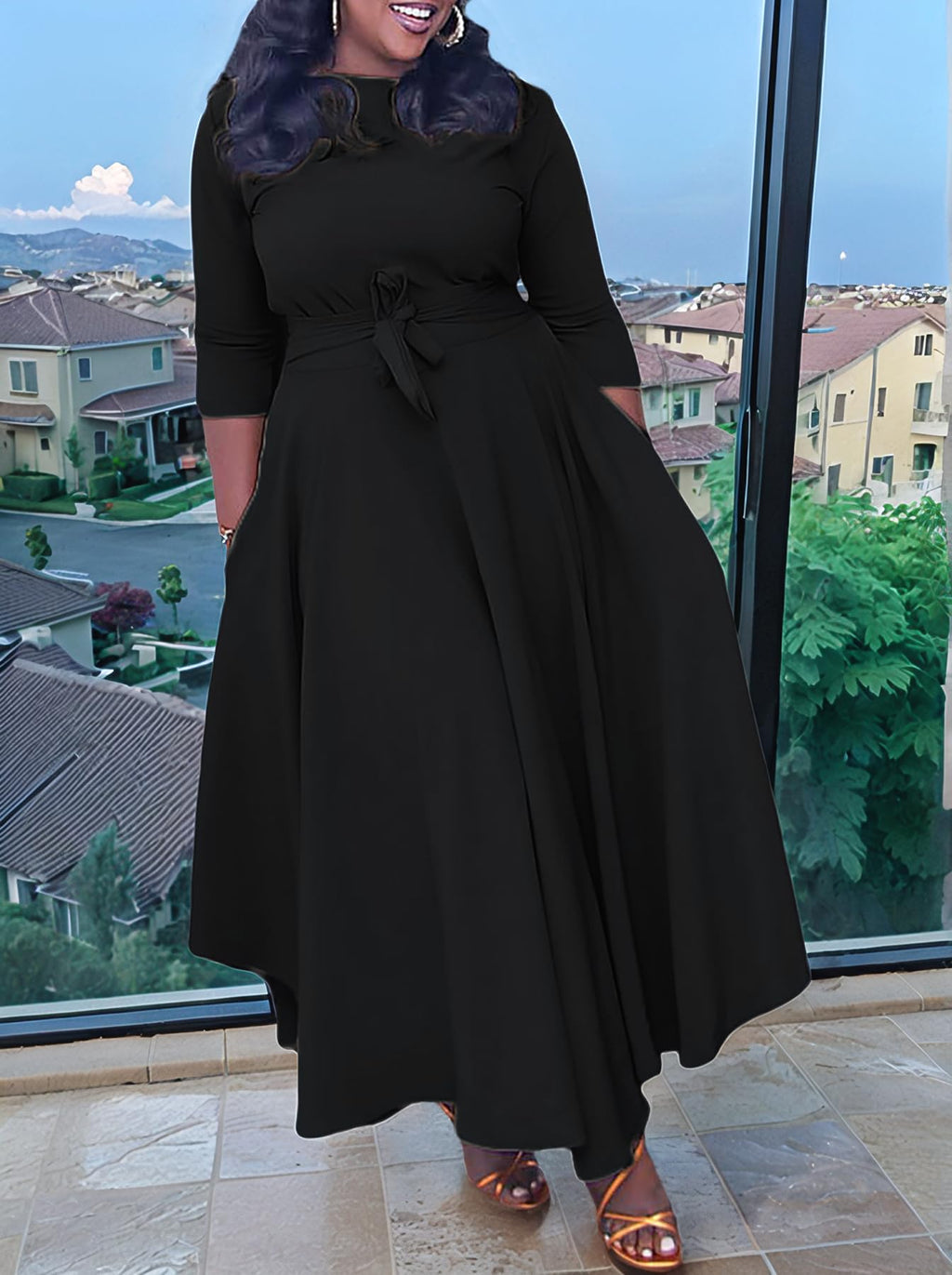 Baczoe Plus Size Dress for Curvy Women Stretch Self Tie A-Line Maxi Dress with Pockets Swing Long Outfit