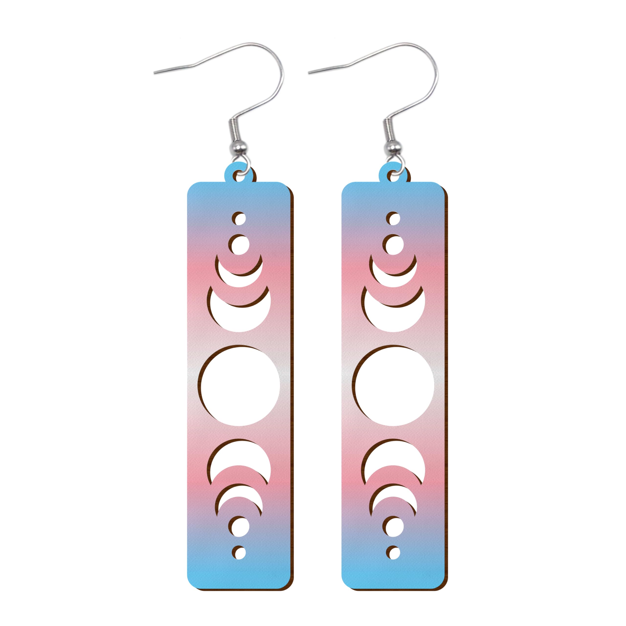 LGBTQIA+ Wooden Moon Phase Earrings, Pride Flag Dangle Earrings for LGBTQ Community, Rainbow Jewelry Gift for Gay, Lesbian, and All Identities