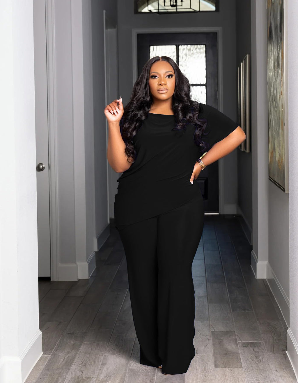TOPSRANI Womens Plus Size Two Piece Outfits Sweatsuits Casual Tracksuit Short Sleeve Loose Baggy Wide Leg Long Pants Sets