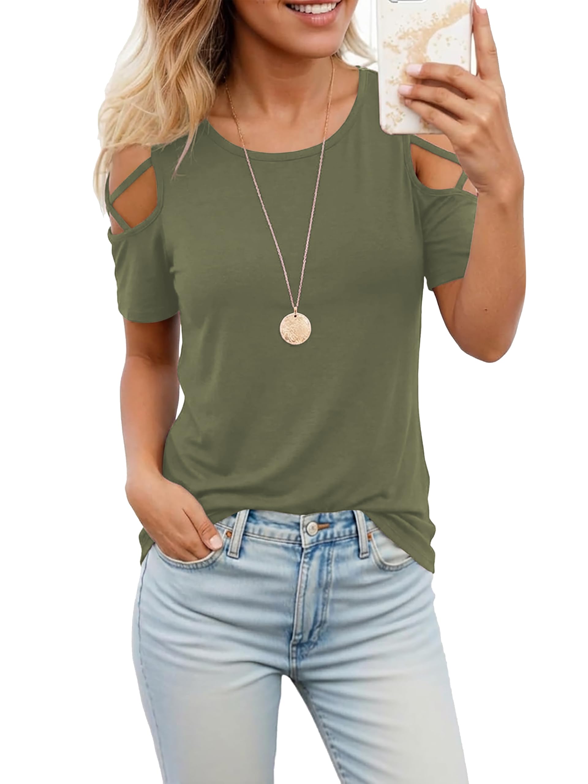 Jar of Love Women's Short Sleeve Cold Shoulder Tops T-Shirts for Women Spring Summer Tops Loose Fit Tunic 2026
