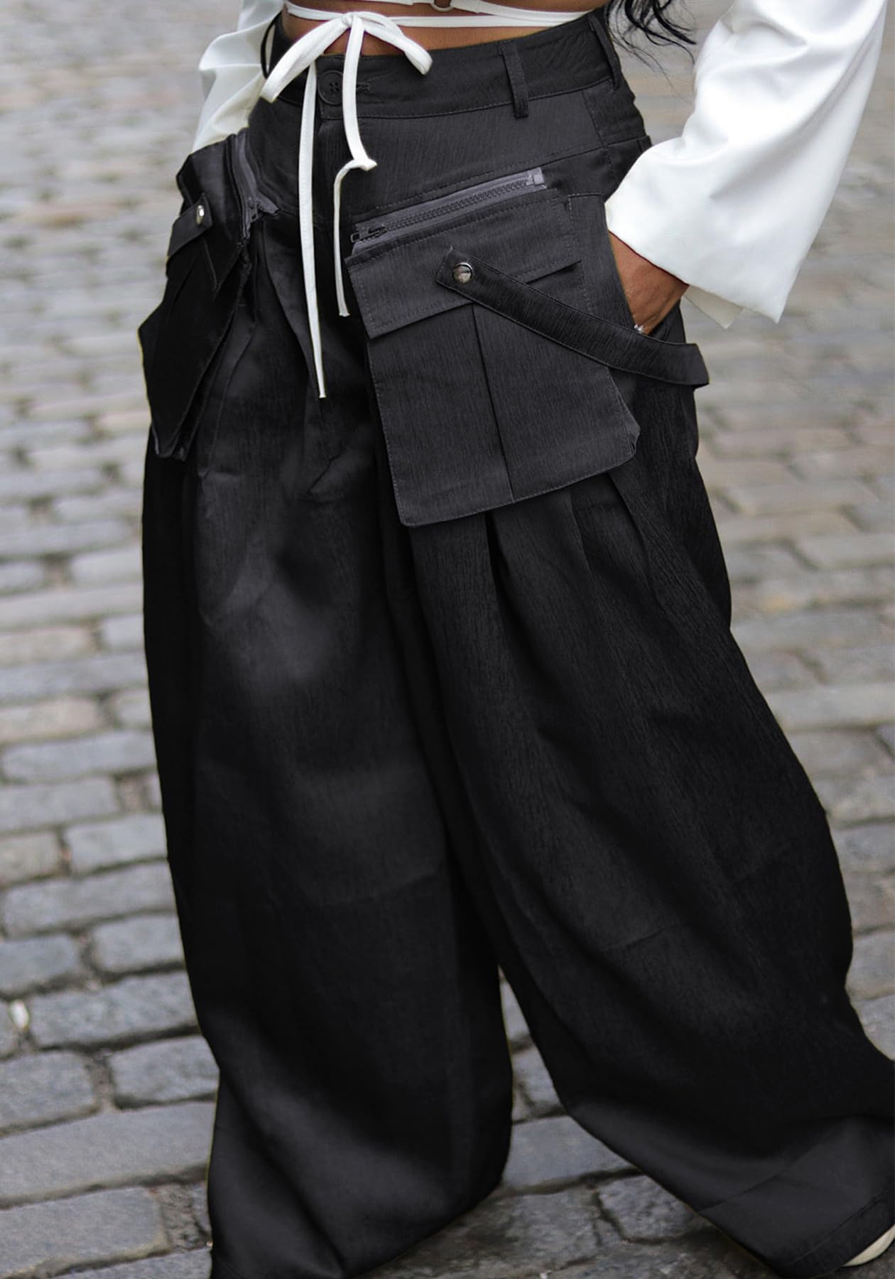 DINGANG High Waisted Wide Leg Cargo Pants Women Flowy Casual Pants with Zippers Pockets