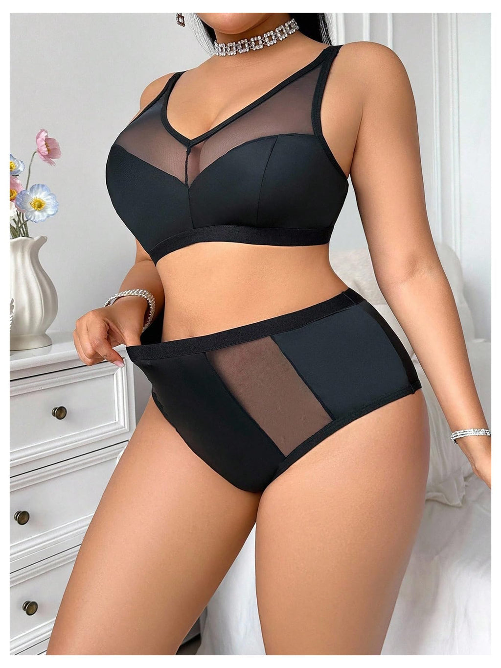 OYOANGLE Women Plus Size 2 Piece Lingerie Sexy Mesh Bralette and High Waist Panty Set Underwear