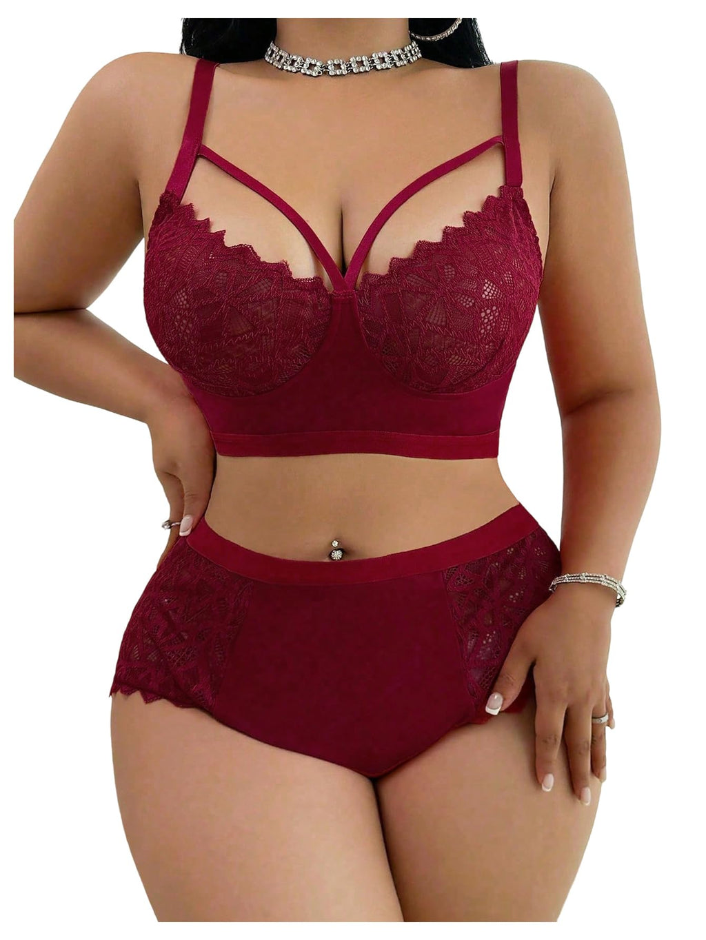 MakeMeChic Women's Plus Size Lingerie Sets Contrast Lace Cut Out Wireless Bra and Panty Set