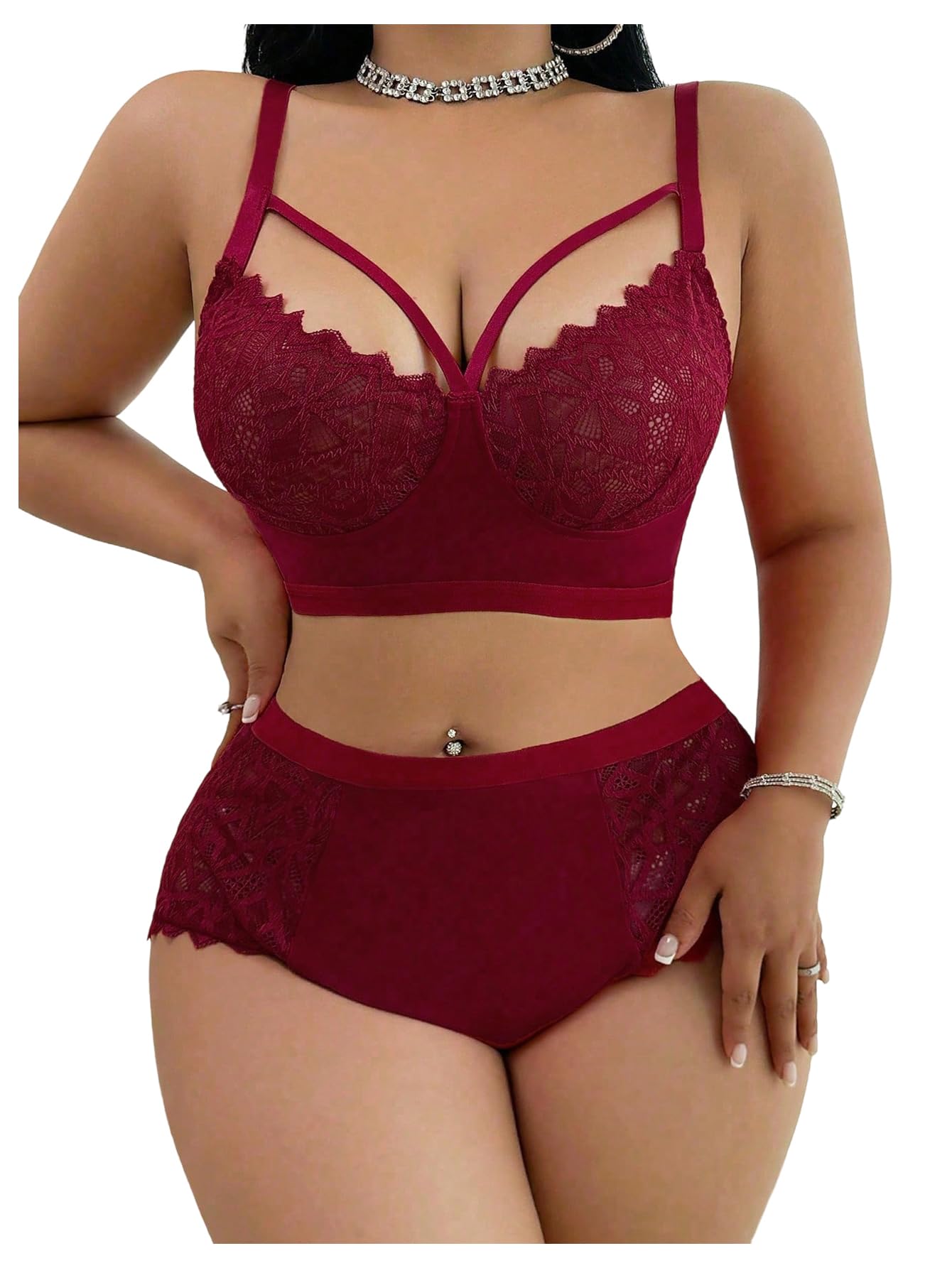 MakeMeChic Women's Plus Size Lingerie Sets Contrast Lace Cut Out Wireless Bra and Panty Set