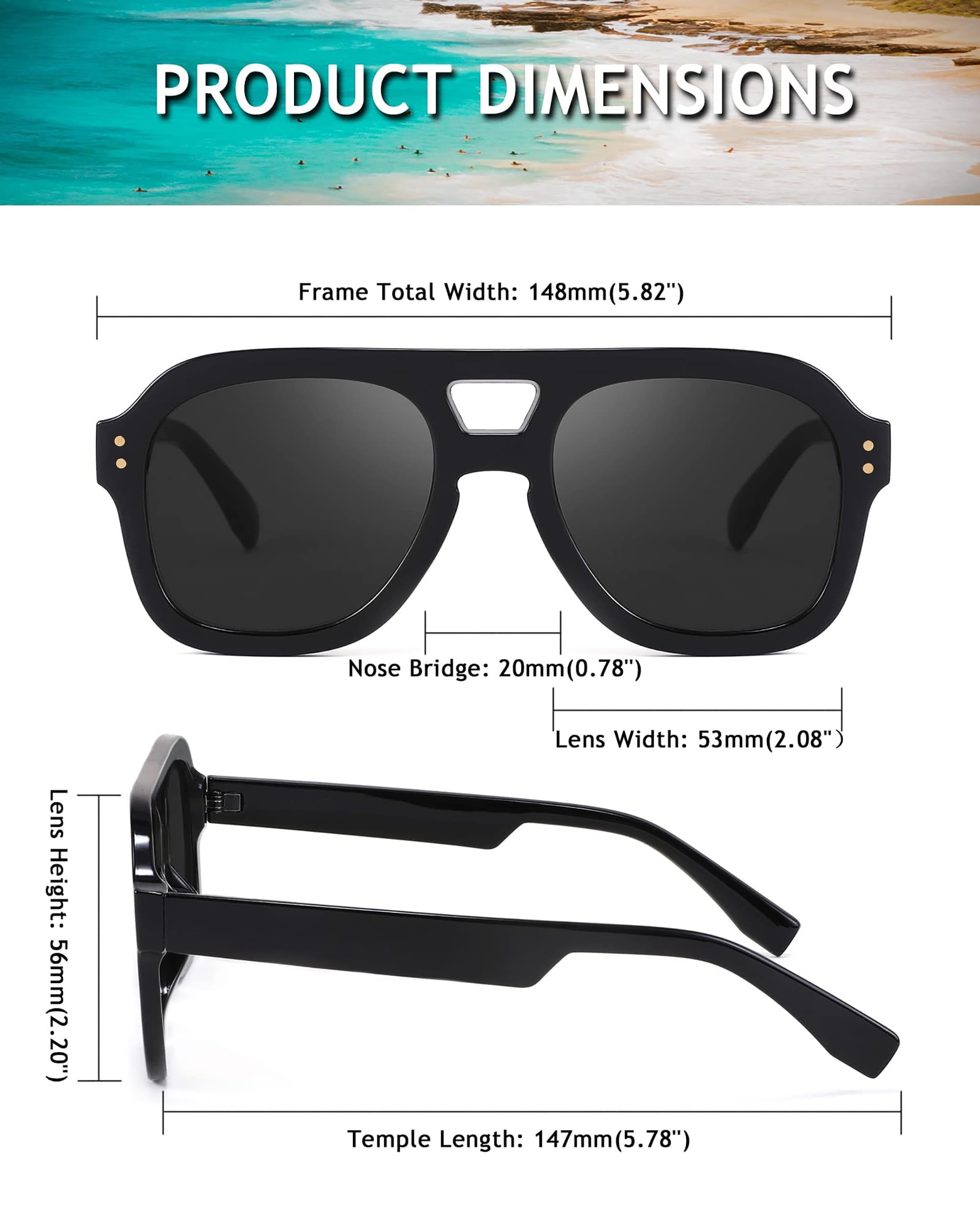 FEISEDY Vintage Aviator Sunglasses Double Bridge Women Men Large Square Thick Frame Trendy Eyewear UV400 B2846