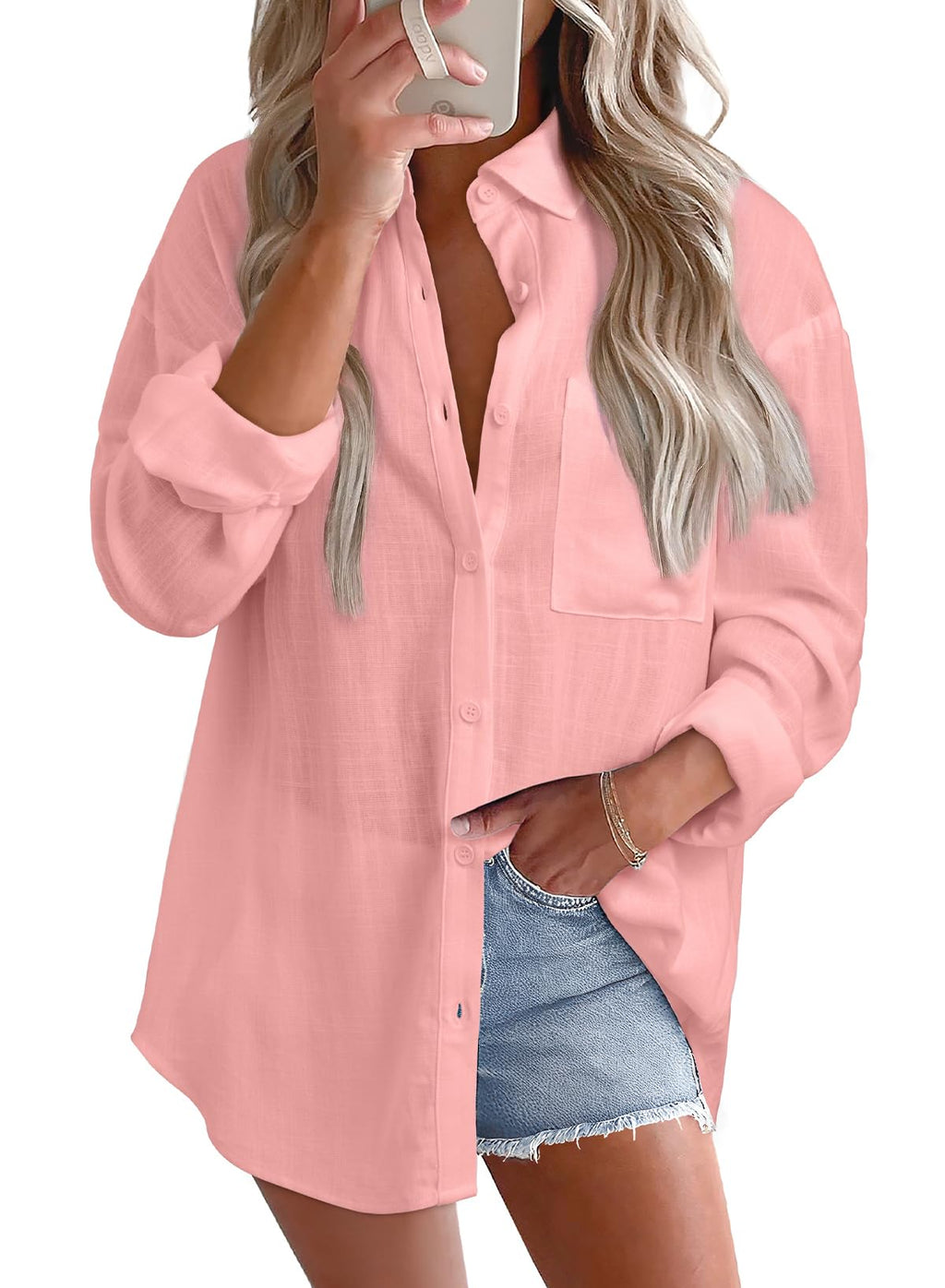 Astylish Women 2026 Loose Fit Tops Cotton Linen Button Down Shirts Collared Roll Up Long Sleeve V Neck Blouses