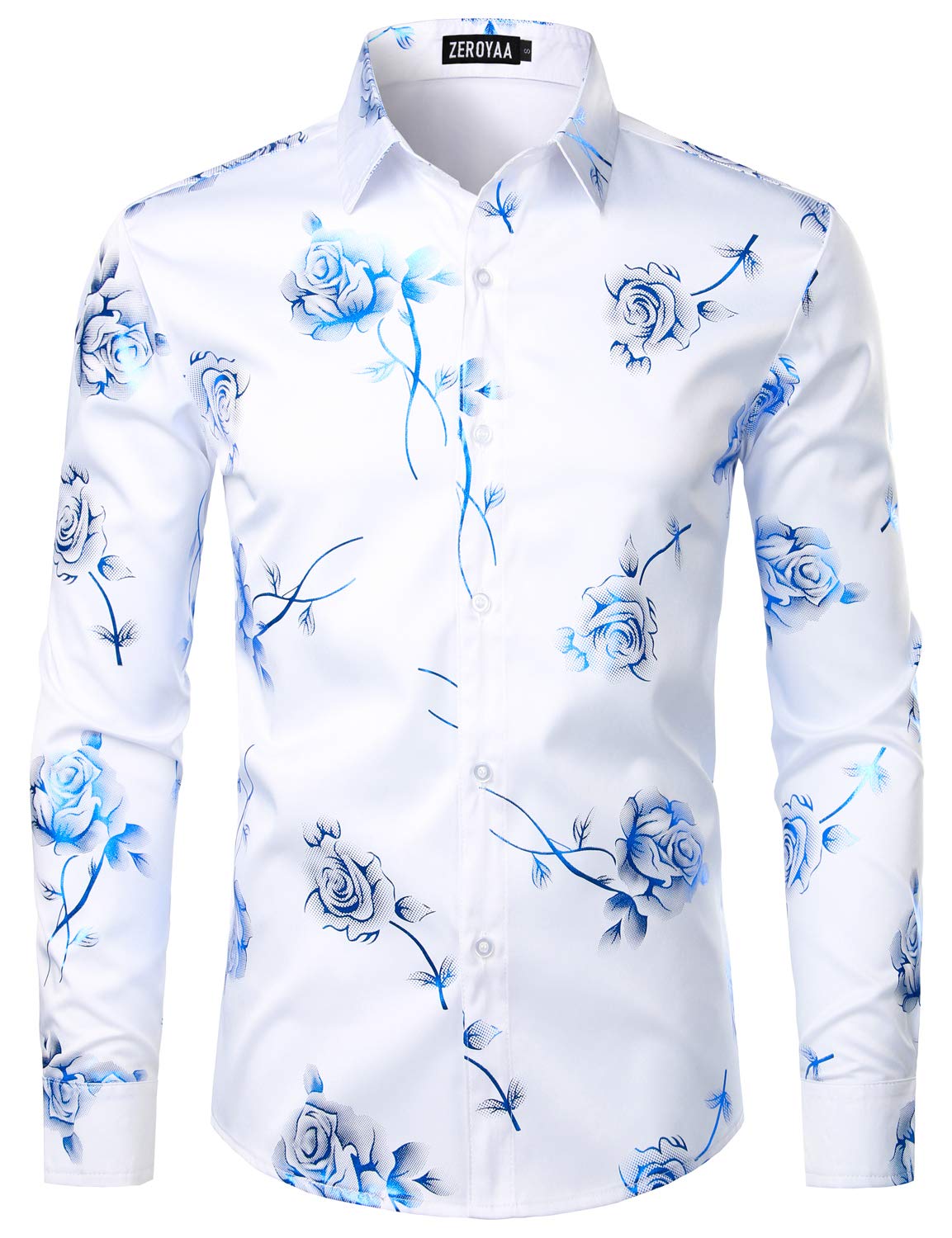 ZEROYAA Mens Hipster 3D Golden Rose Floral Printed Slim Fit Long Sleeve Button Down Dress Shirts