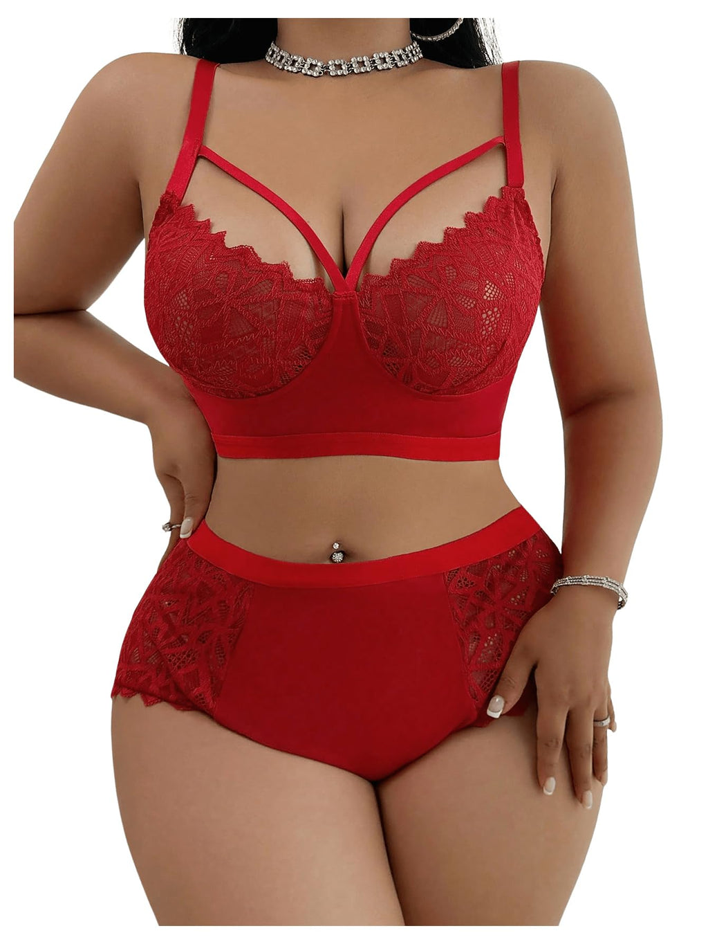MakeMeChic Women's Plus Size Lingerie Sets Contrast Lace Cut Out Wireless Bra and Panty Set