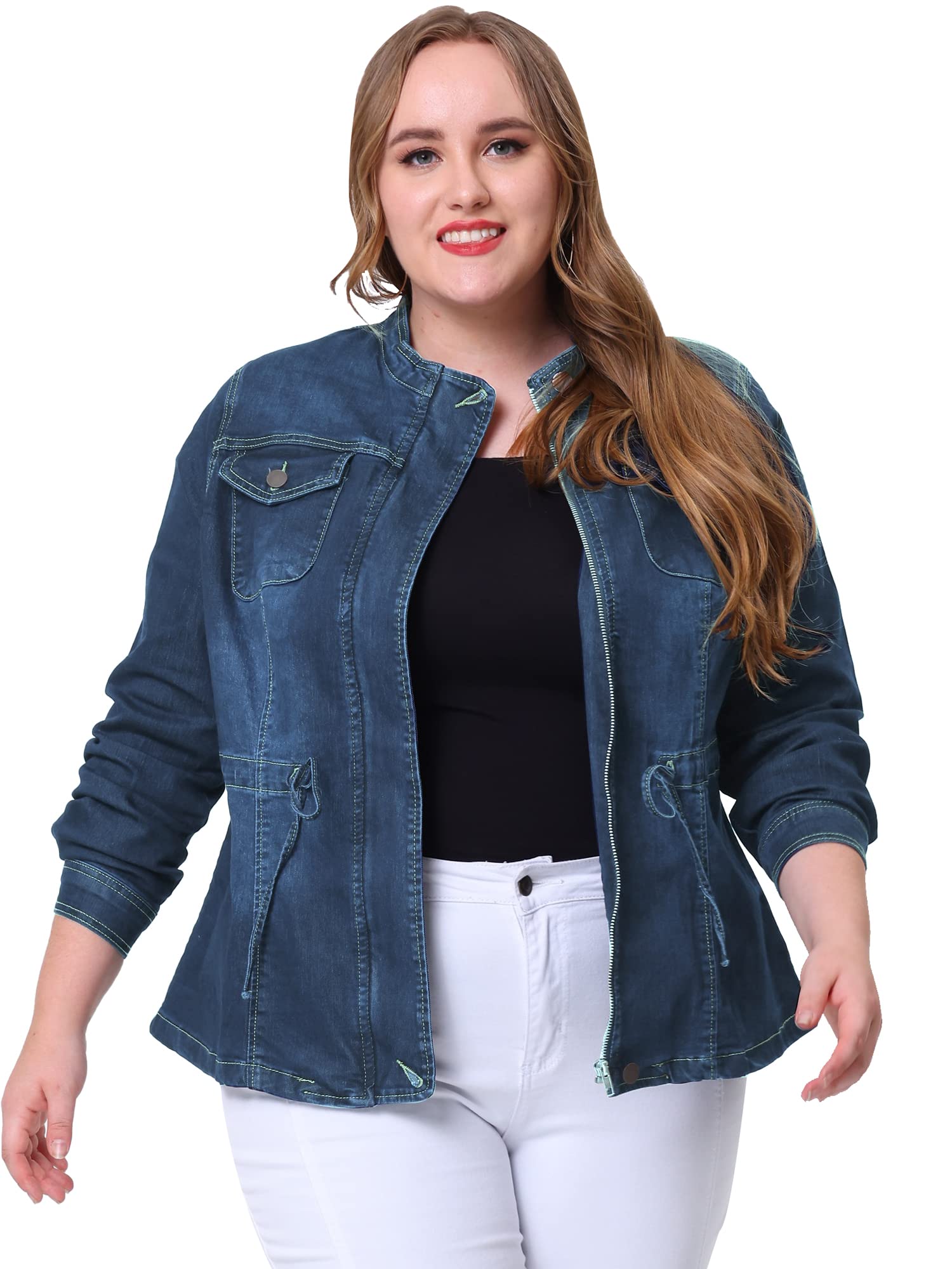 Agnes Orinda Women's Plus Size Denim Jacket Stretch Stand Collar Zip Drawstring Jean Jackets 2024