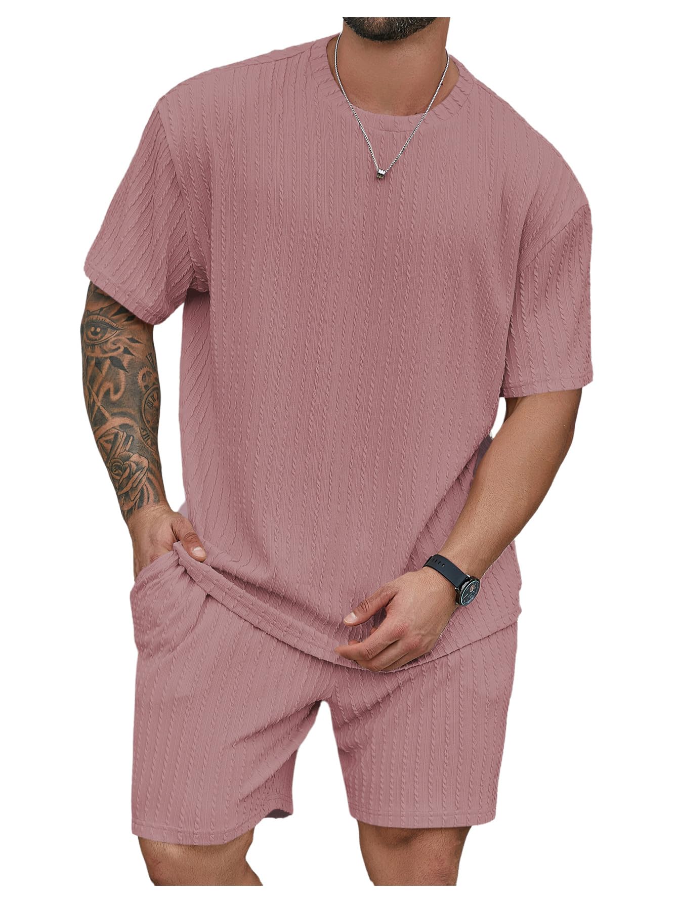 RoseSeek Men's Big and Tall 2 Piece Summer Outfits Textured Drop Shoulder T Shirt and Short Sets Tracksuit