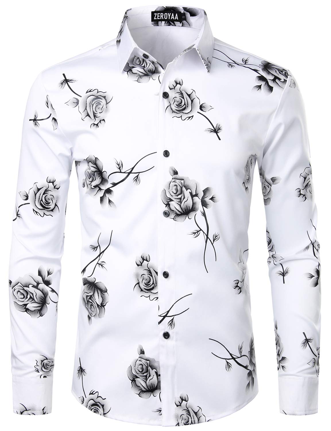 ZEROYAA Mens Hipster 3D Golden Rose Floral Printed Slim Fit Long Sleeve Button Down Dress Shirts