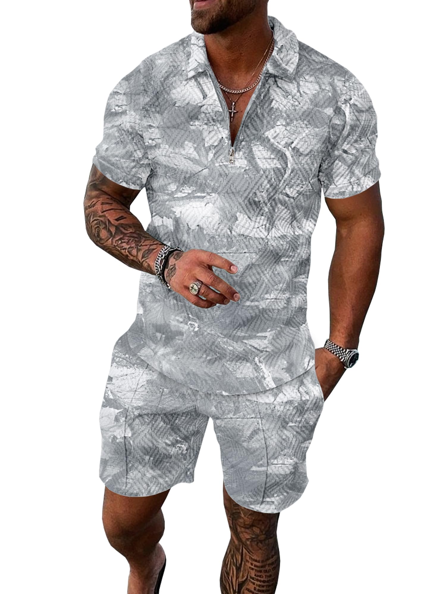 UOUA Mens Summer Track Suits 2 Piece Shorts Sets Short Sleeve Sweatsuit Outfits 1/4 Zip Golf Polo Splicing Striped Shirts