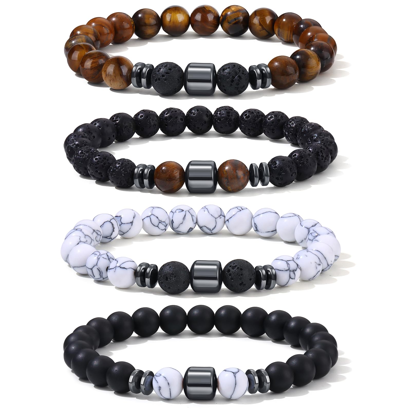 Giovanchi 4-12PCS Bracelets for Men, 8MM Mens Bracelets Lava Rock Black Obsidian Howlite Tiger Eye Beaded Natural Stone Bracelet Jewelry Gifts for Birthday Christmas