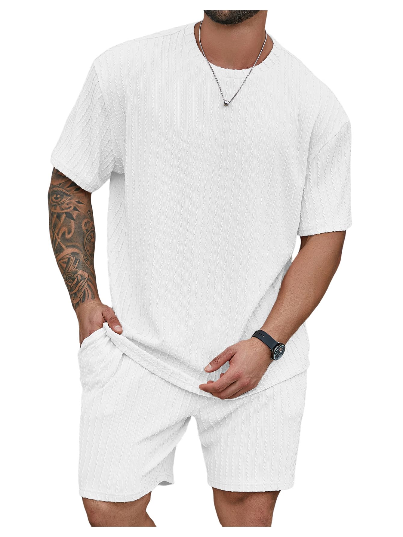 RoseSeek Men's Big and Tall 2 Piece Summer Outfits Textured Drop Shoulder T Shirt and Short Sets Tracksuit