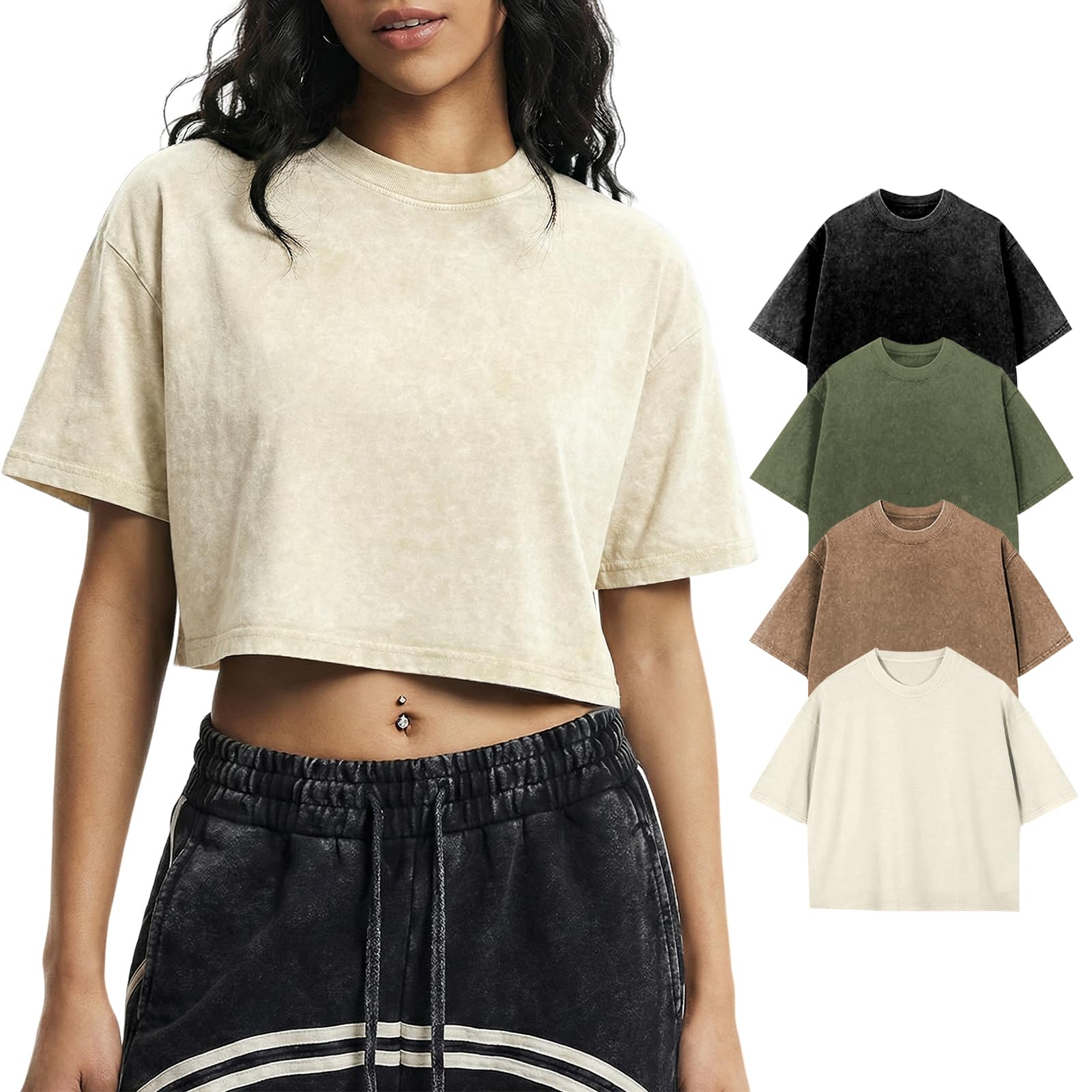 Gihuo Cropped T Shirts for Women Vintage Tees Acid Wash Crop T-Shirts Oversized Cotton Tshirt