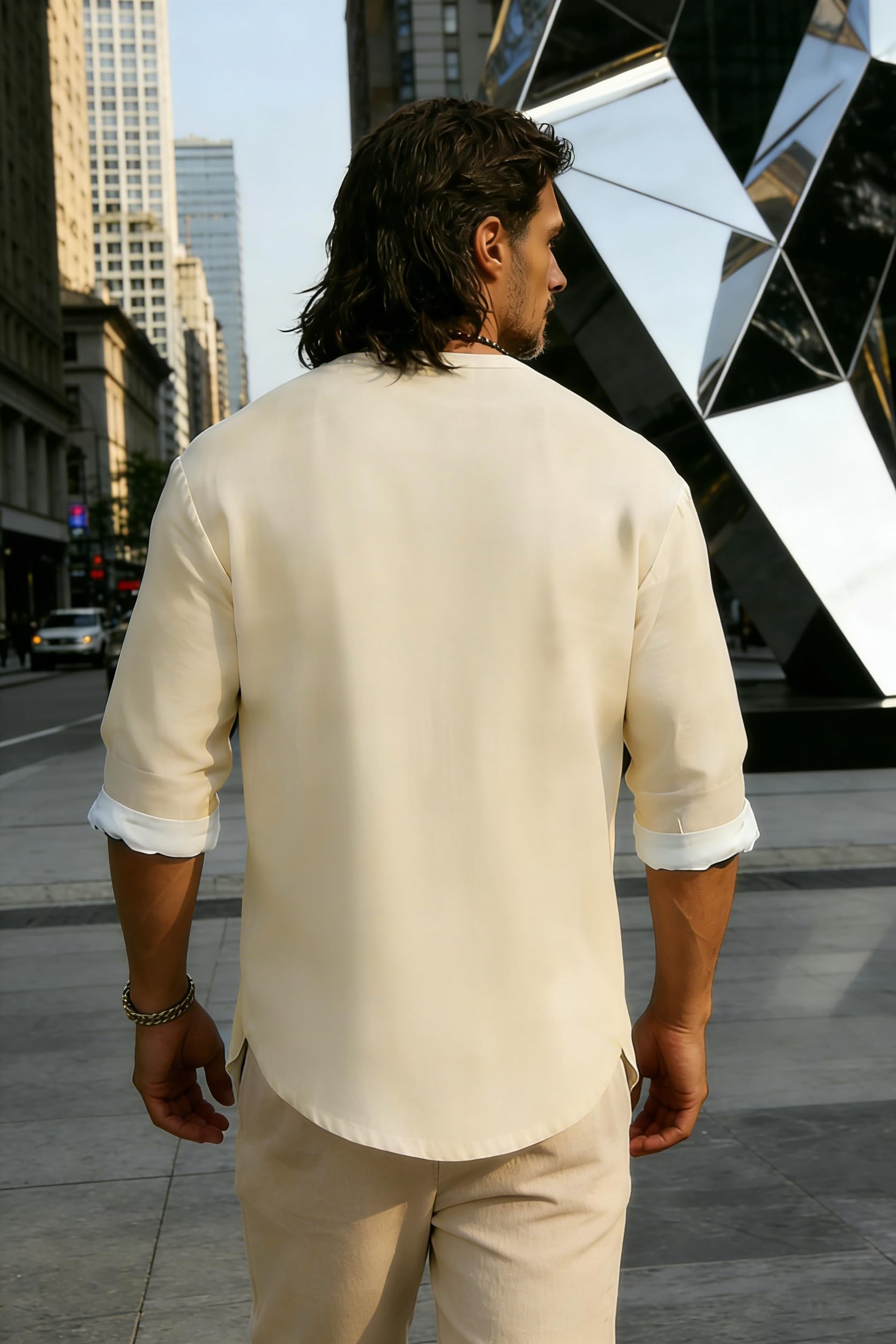 Mens Henley Shirts Summer Casual Button Banded Collar T Shirts Vintage Long Sleeve Cotton Linen Beach Pullover Tops