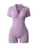 OQQ Women Rompers Ribbed Short Sleeve Zip Front Stretch Tummy Control Yoga Workout Rompers
