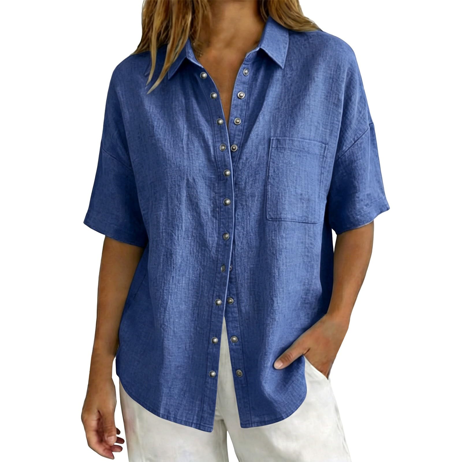Linen Tops for Women Breathable Gauze Shirts Cotton Button Down Summer Elbow Length Blouses Dressy Casual Clothes