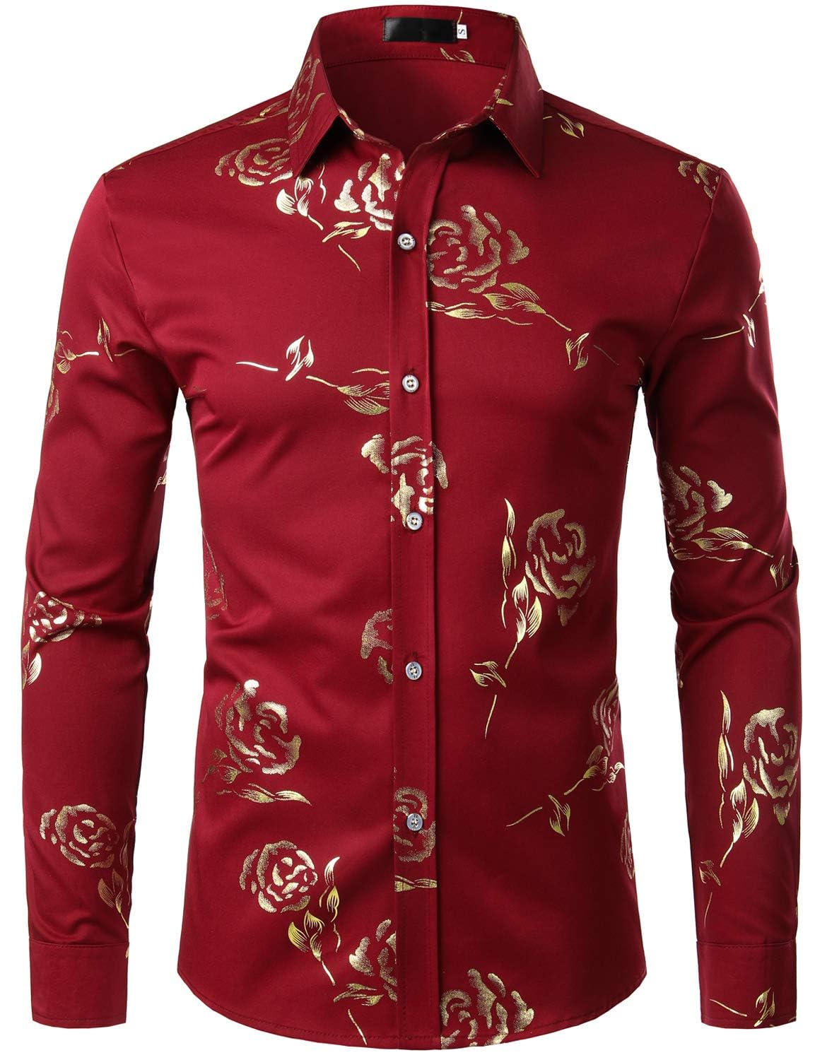 ZEROYAA Mens Hipster Rose Printed Slim Fit Long Sleeve Dress Shirts Prom Performing Shirts