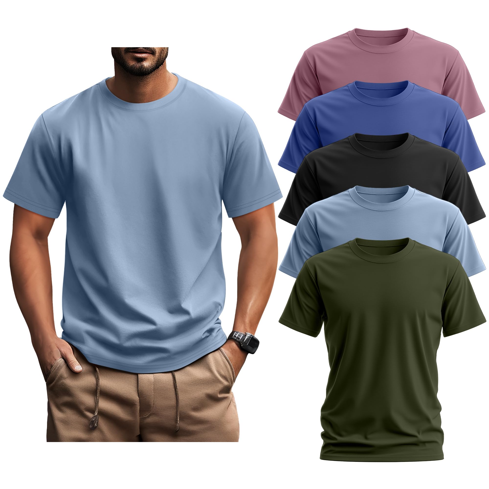 Ficerd 5 Pack Men's Big and Tall Shirts Short Sleeve Cotton Tee Summer Crew Neck Oversize Top Loose Fit Shirt Multipack