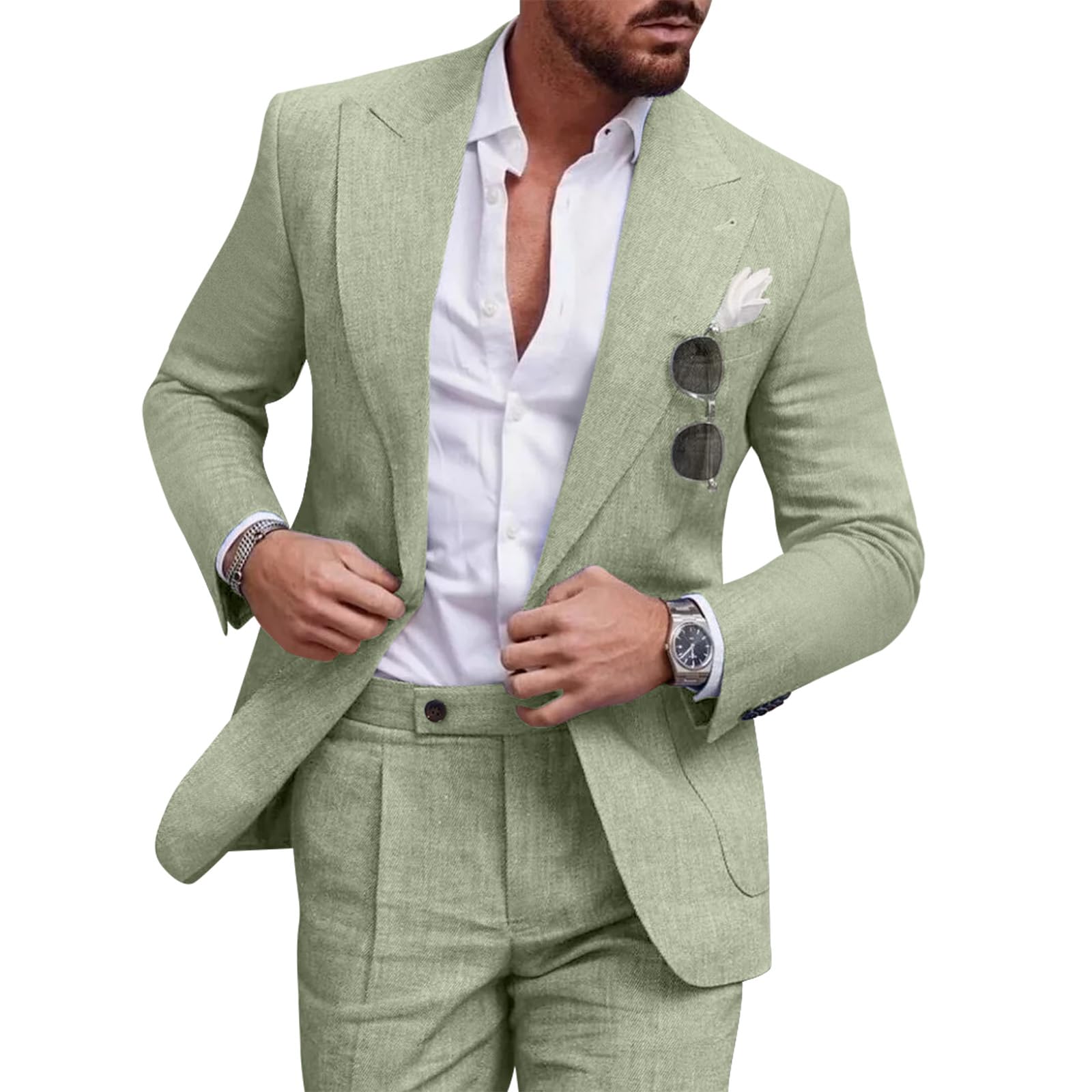 Diaryan Linen Men Suit Set Casual Tuxedo 2 Piece Regular Fit Blazer One Button Solid Jacket and Pants for Prom Wedding Party
