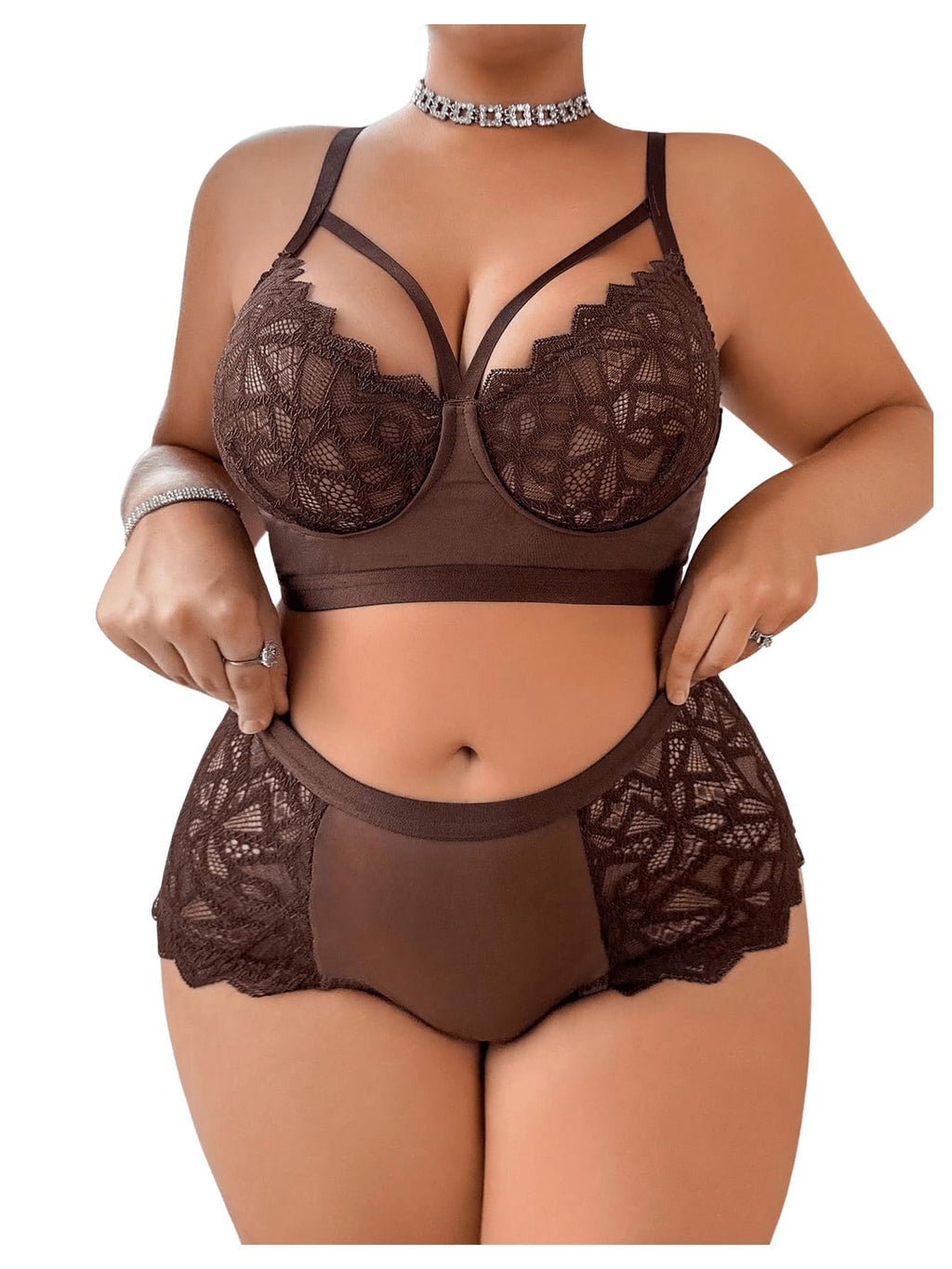 MakeMeChic Women's Plus Size Lingerie Sets Contrast Lace Cut Out Wireless Bra and Panty Set