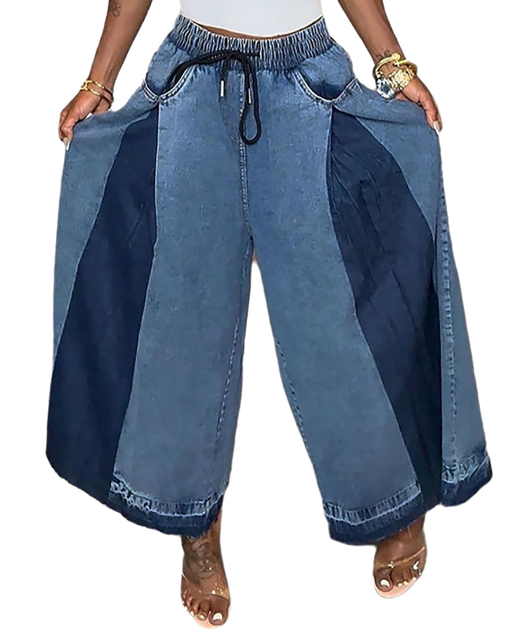 Women's Vintage Drawstring Wide Leg Jeans Elastic Waist Patchwork Loose Raw Hem Denim Pants