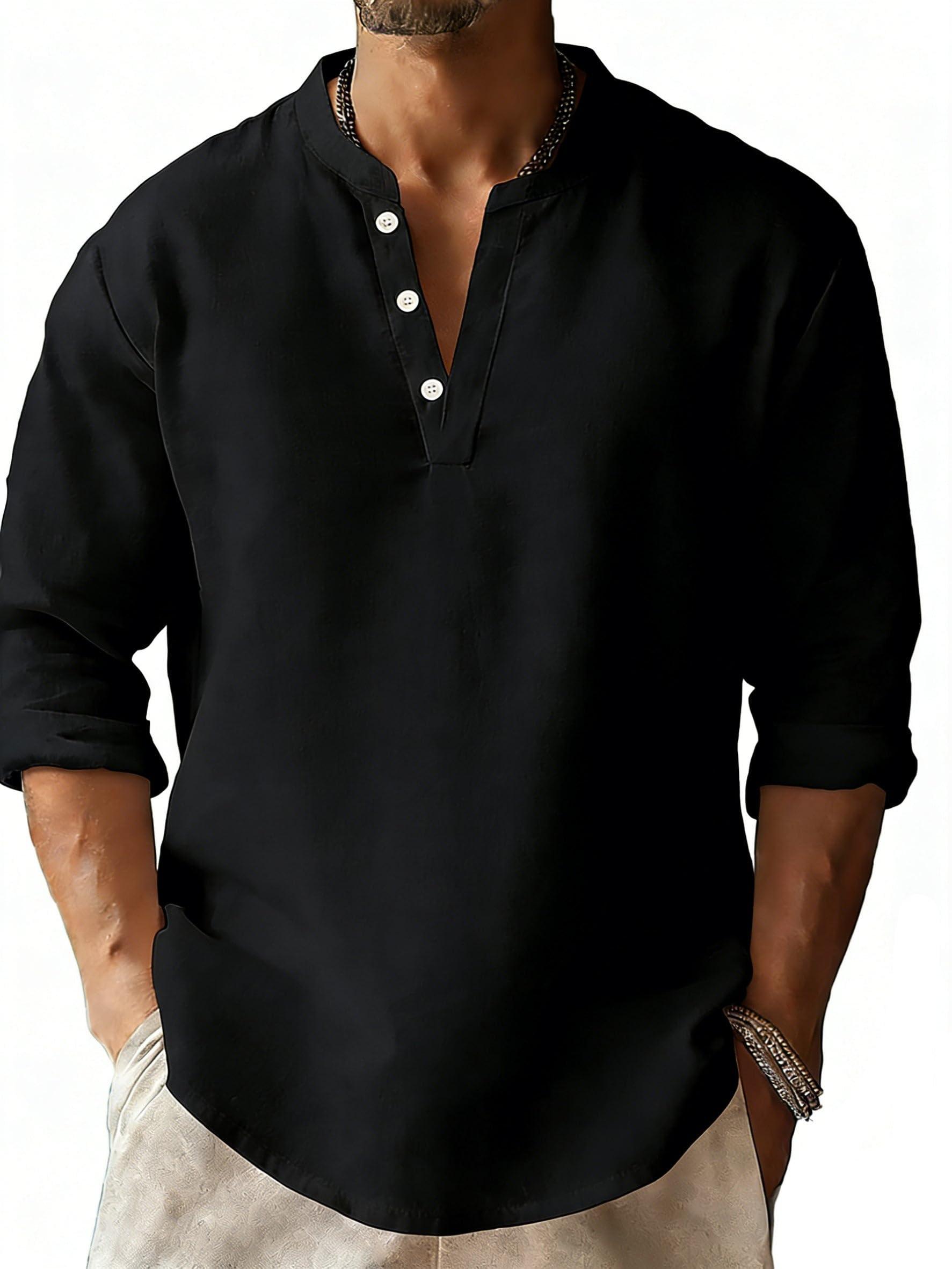 Mens Henley Shirts Summer Casual Button Banded Collar T Shirts Vintage Long Sleeve Cotton Linen Beach Pullover Tops