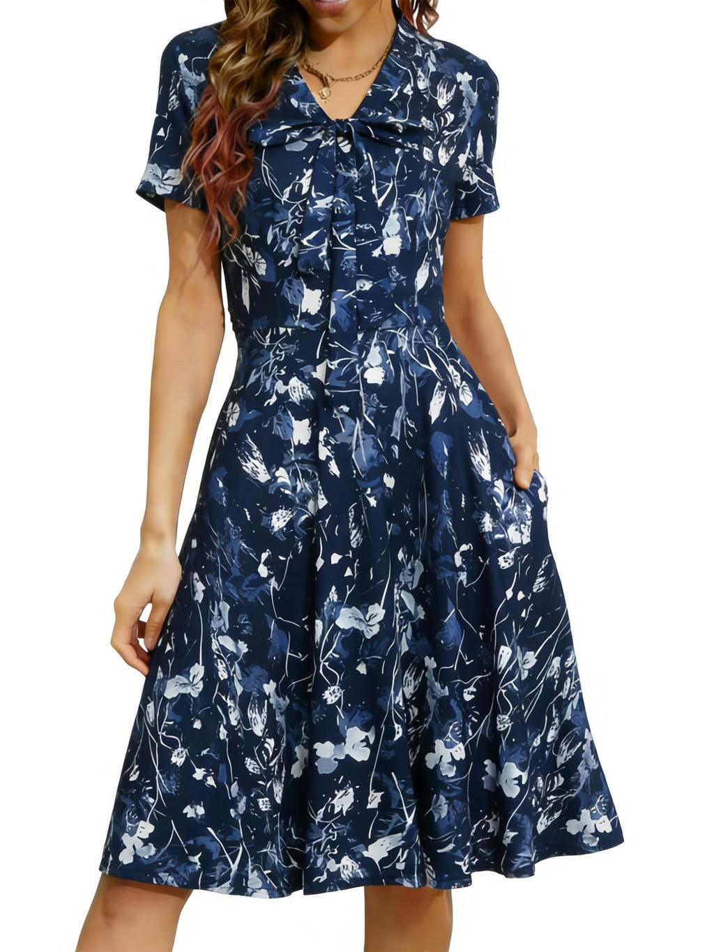 oxiuly Women's Vintage Bow Tie V-Neck Pockets Casual Work Party Cocktail Swing A-line Dresses OX278