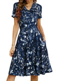 oxiuly Women's Vintage Bow Tie V-Neck Pockets Casual Work Party Cocktail Swing A-line Dresses OX278