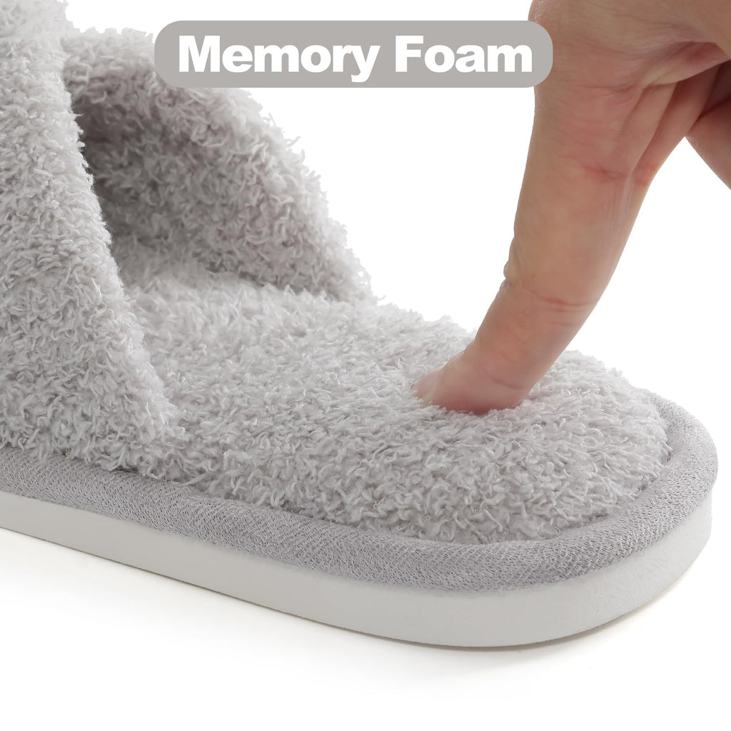 Evshine Women's Fuzzy Slippers Cross Band Memory Foam House Slippers Open Toe
