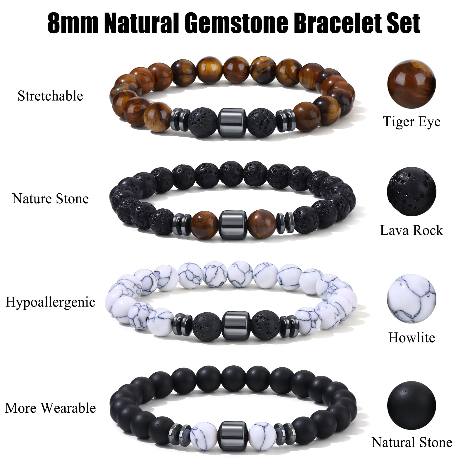 Giovanchi 4-12PCS Bracelets for Men, 8MM Mens Bracelets Lava Rock Black Obsidian Howlite Tiger Eye Beaded Natural Stone Bracelet Jewelry Gifts for Birthday Christmas
