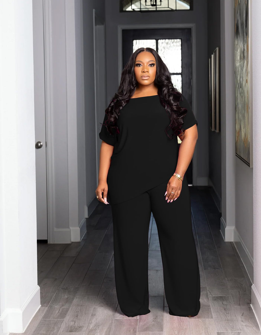 TOPSRANI Womens Plus Size Two Piece Outfits Sweatsuits Casual Tracksuit Short Sleeve Loose Baggy Wide Leg Long Pants Sets