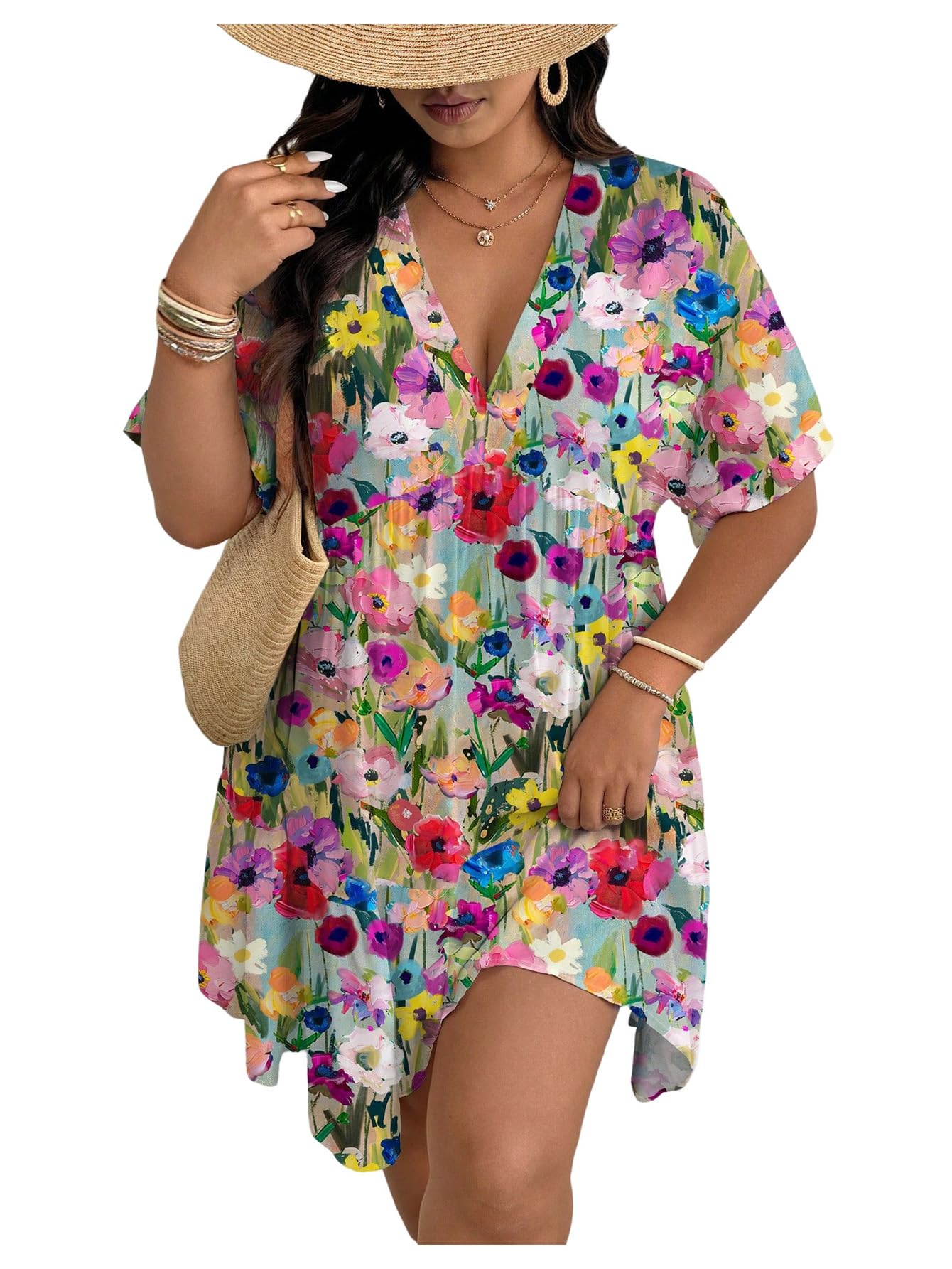 Floerns Women's Plus Size Summer Vacation Wrap V Neck Short Sleeve Ruffle Hem A Line Hawaiian Short Dress