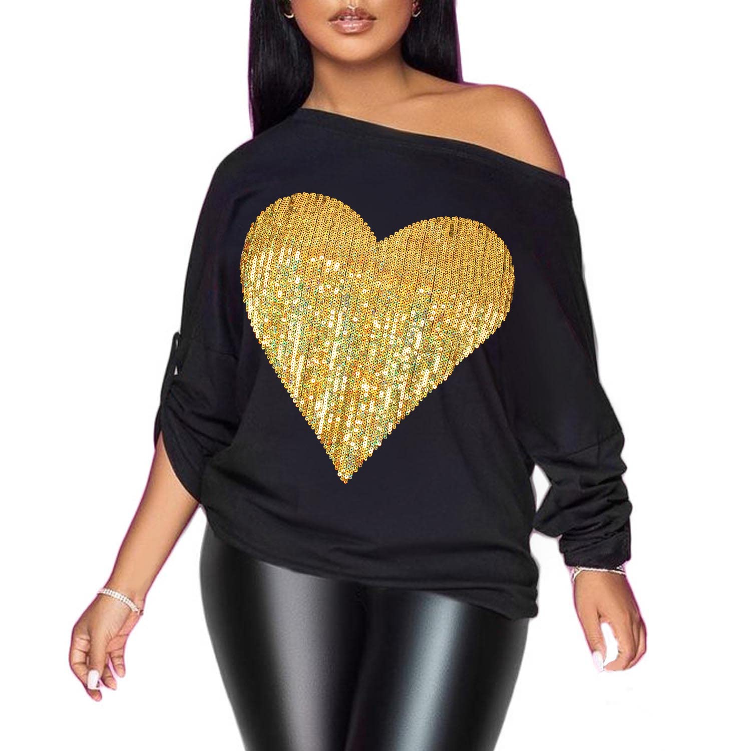 PESION Womens Off The Shoulder Tops Sexy Shiny Metallic Shirts Long Sleeves Fashion Graphic T-Shirts Blouses