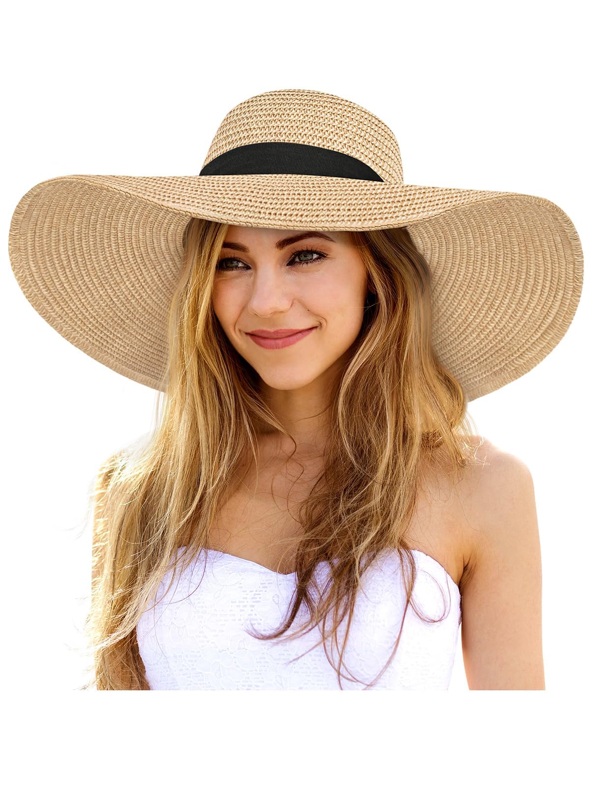 Senker Fashion Sun Hats for Women Oversize Wide Brim Straw Beach Hat Floppy Foldable Roll-Up Summer Vacation UPF 50+