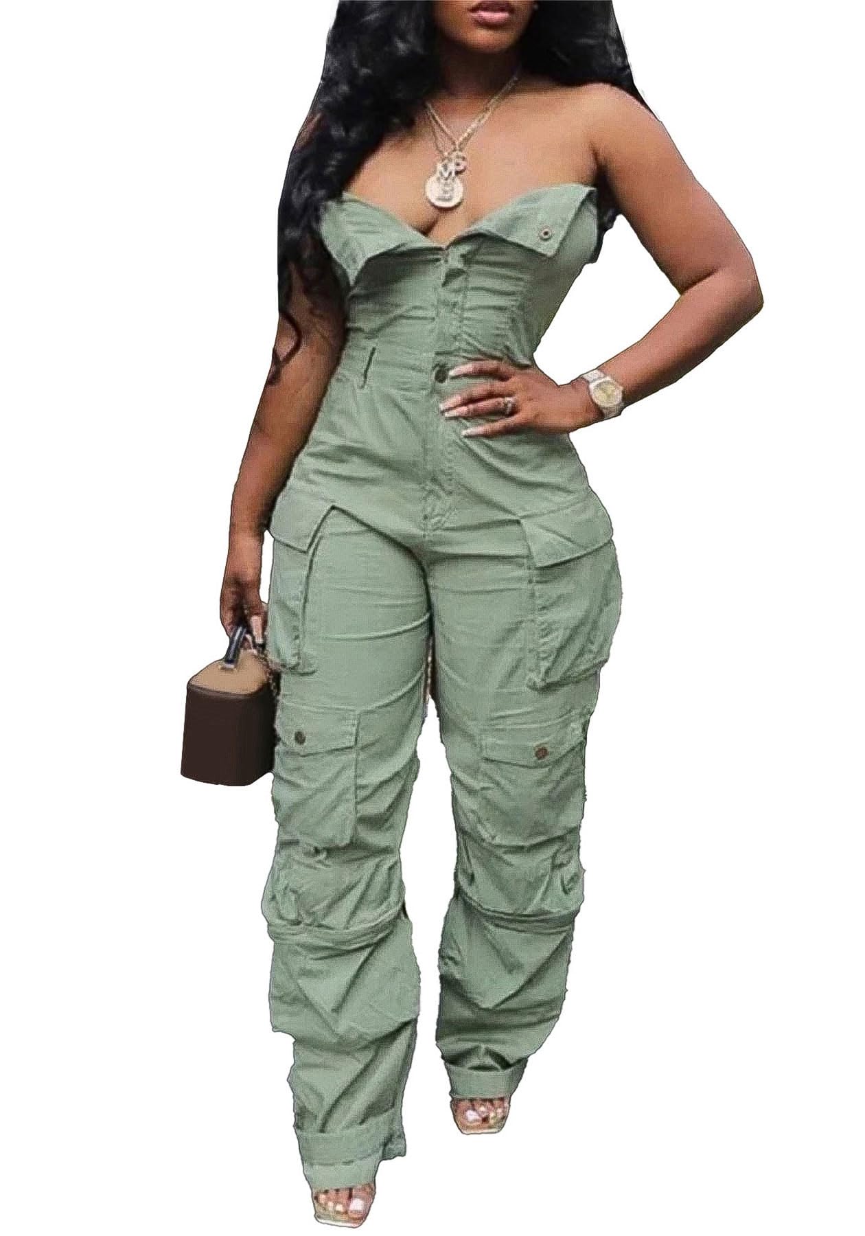 LKOUS Casual Cargo Denim Jumpsuit for Women, Elastic Stretch Multi Pockets Button Down Straight Leg Jeans Jumpsuits
