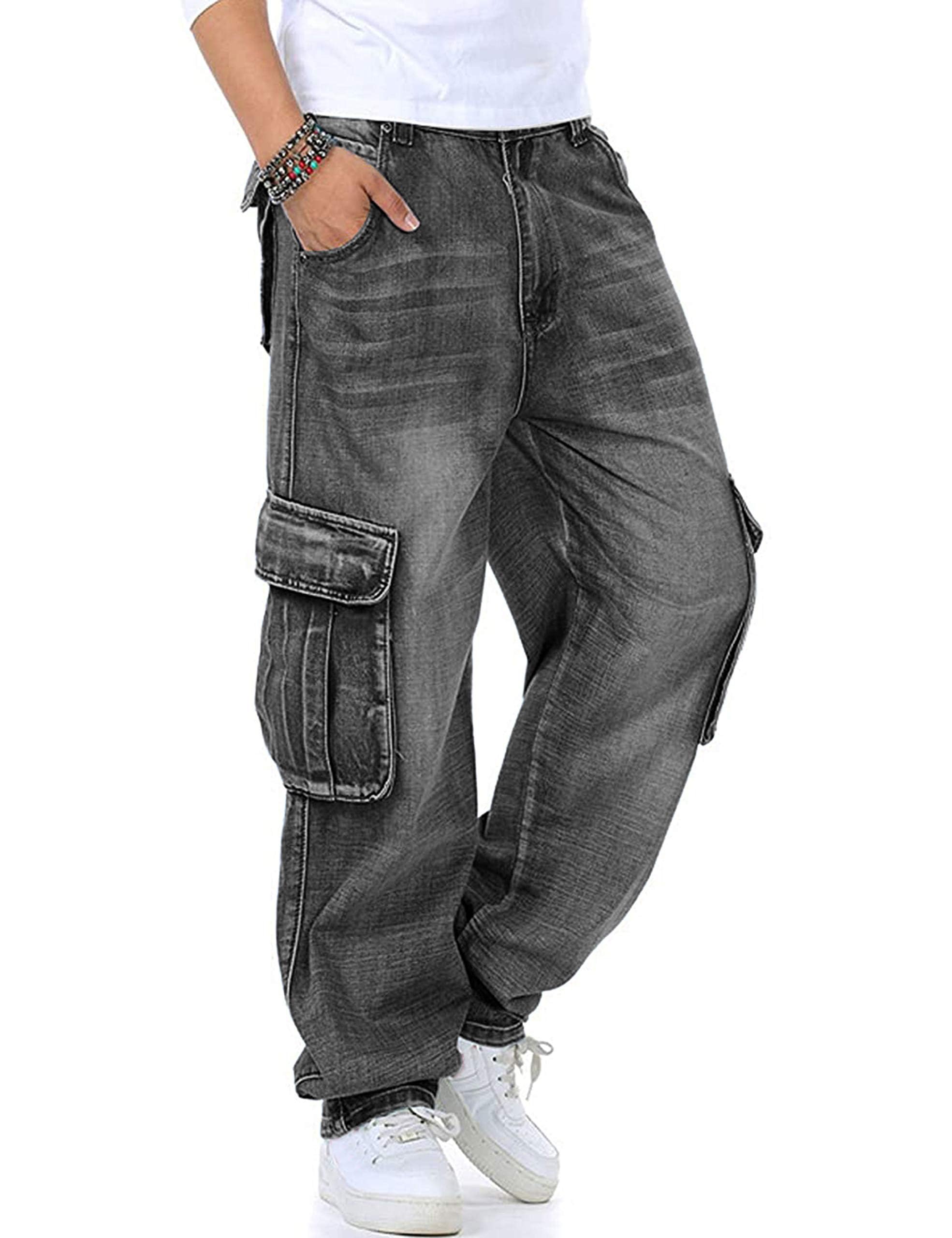 Yeokou Men's Casual Loose Hip Hop Denim Work Pants Jeans with Cargo Pockets
