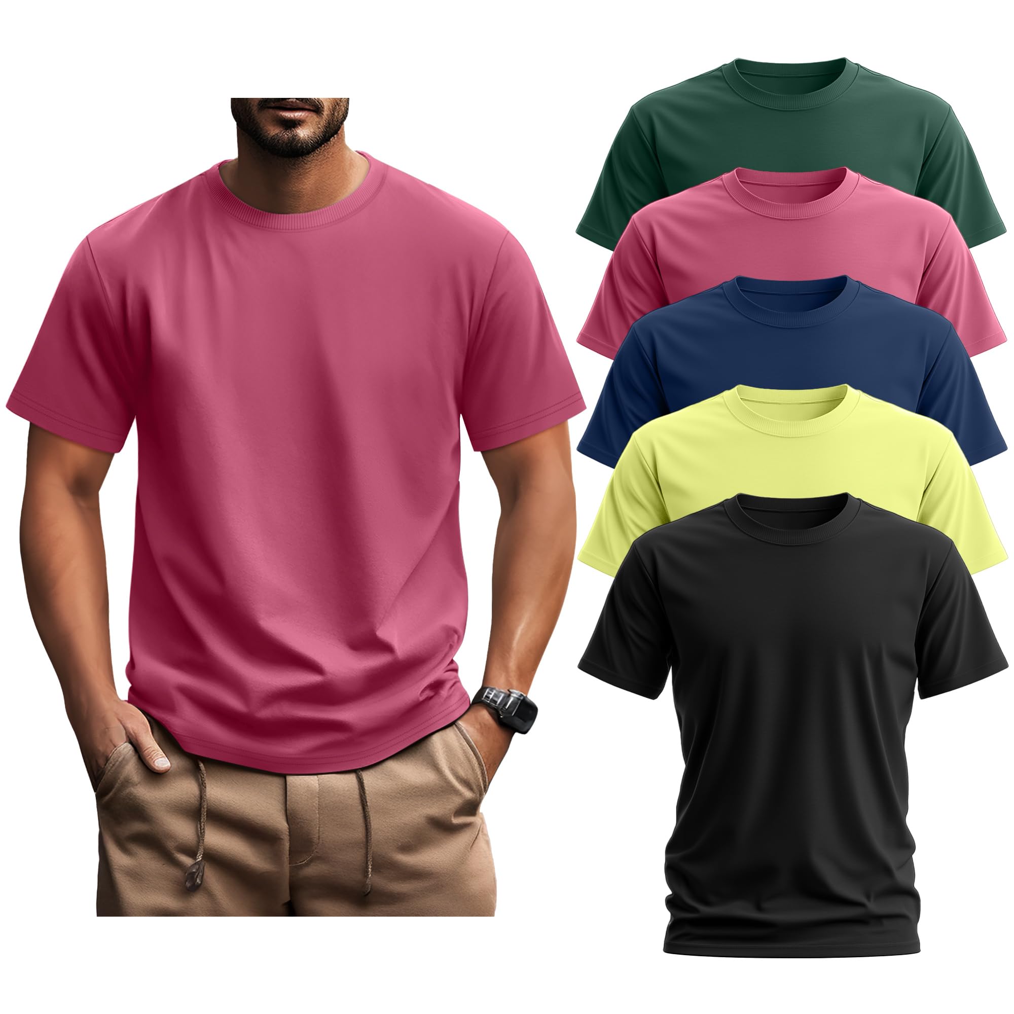 Ficerd 5 Pack Men's Big and Tall Shirts Short Sleeve Cotton Tee Summer Crew Neck Oversize Top Loose Fit Shirt Multipack