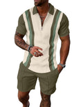 UOUA Mens Summer Track Suits 2 Piece Shorts Sets Short Sleeve Sweatsuit Outfits 1/4 Zip Golf Polo Splicing Striped Shirts
