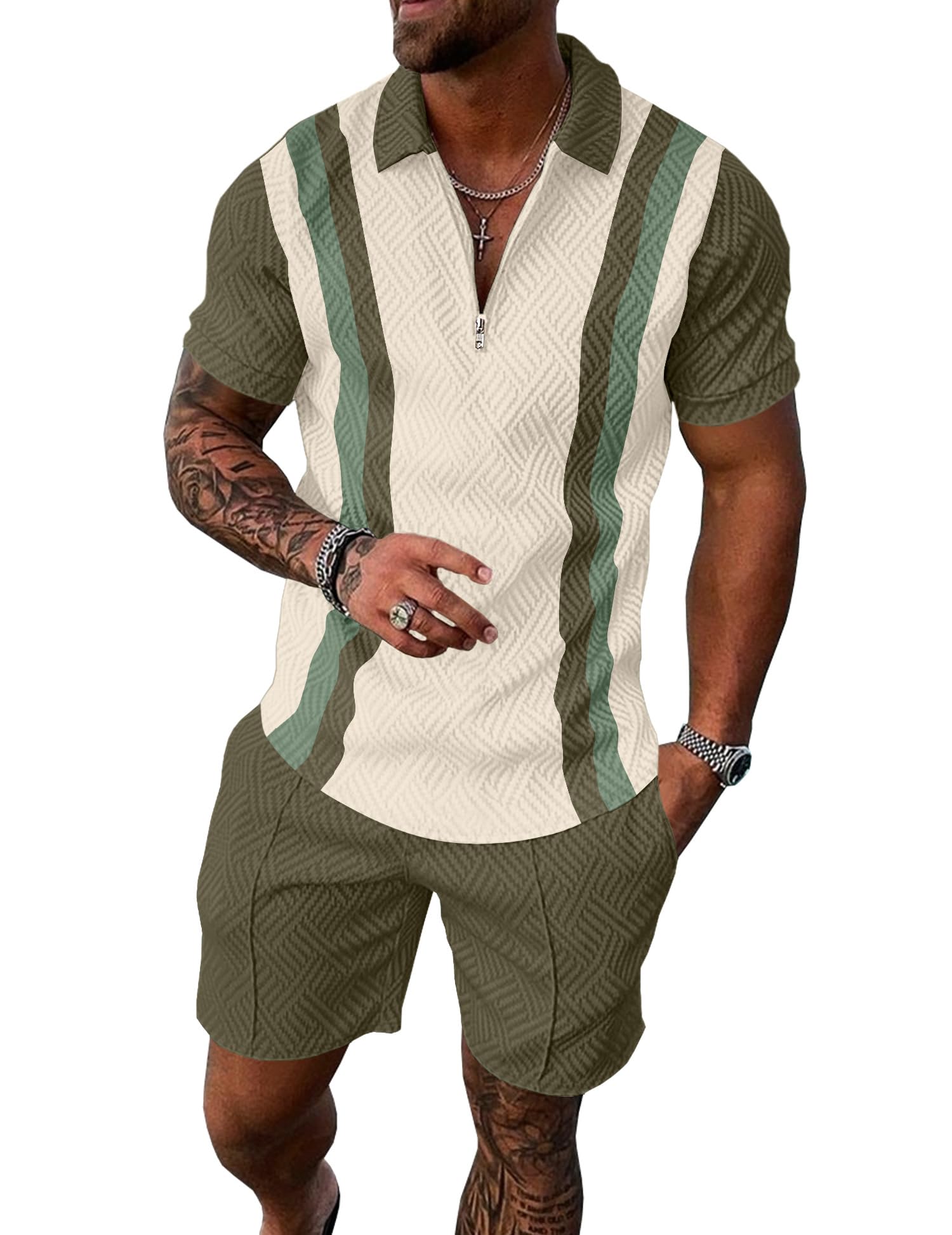UOUA Mens Summer Track Suits 2 Piece Shorts Sets Short Sleeve Sweatsuit Outfits 1/4 Zip Golf Polo Splicing Striped Shirts