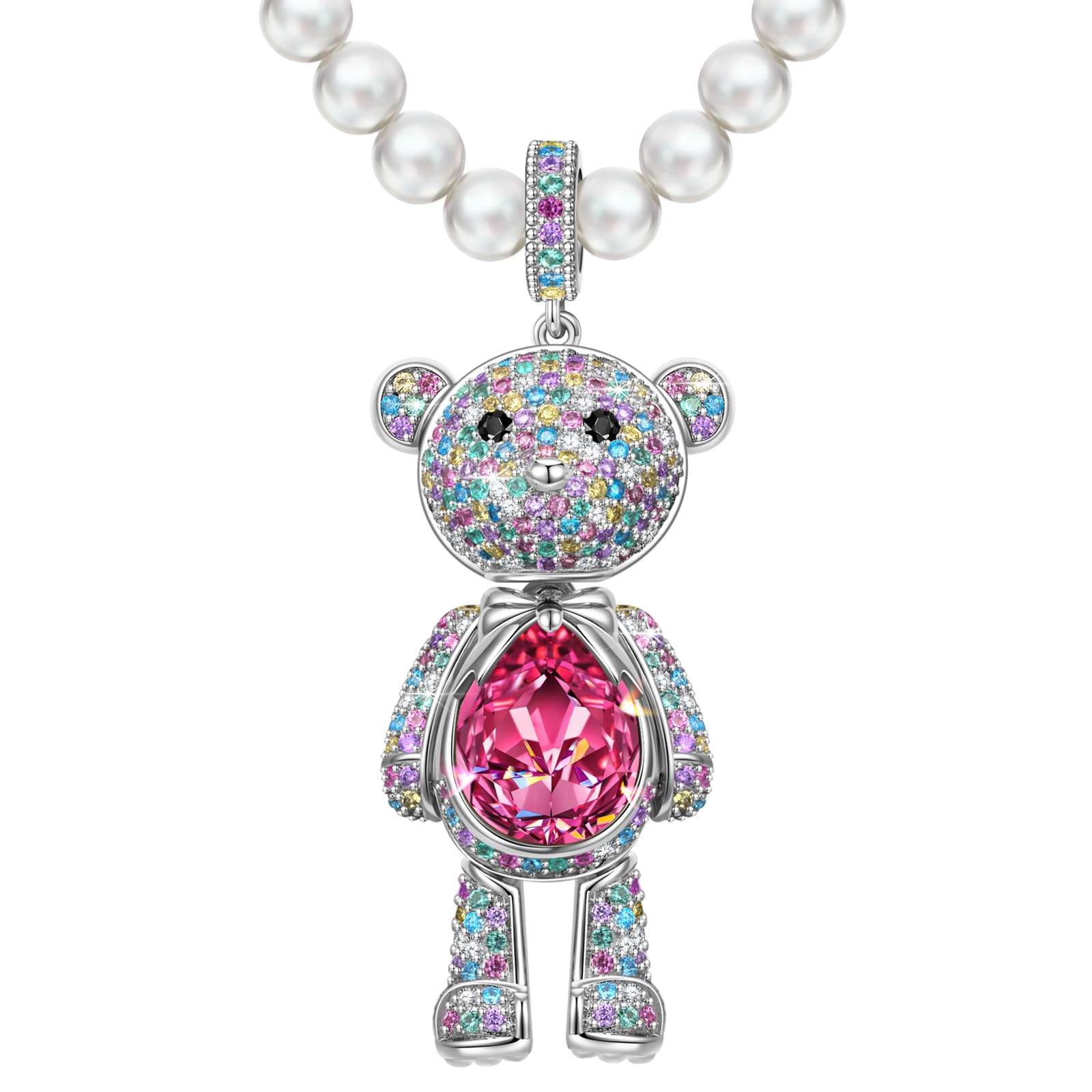 Swarovski Crystal Teddy Bear Necklace, White Gold Plated, Playful Movable Design, Sweet Warmth & Love Symbol Jewelry Gift for Women Teens Girls, Gift-Ready Packaging