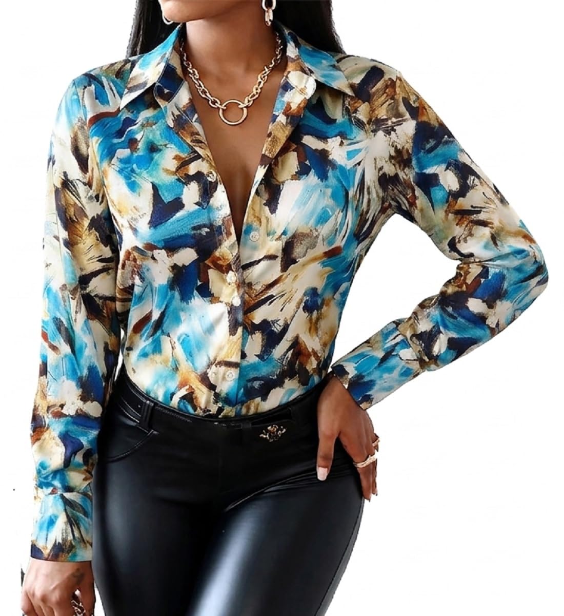 Blouses for Women Dressy Casual Colorful Long Sleeve Shirt Floral Print Tops Loose Collar Sexy T-Shirts Fashion 2023